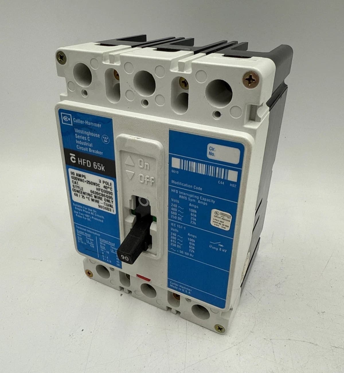 Cutler Hammer HFD3090 Circuit Breaker 90A 600V 3P HFD 65k 90 Amp 3 Pole Used – image 1