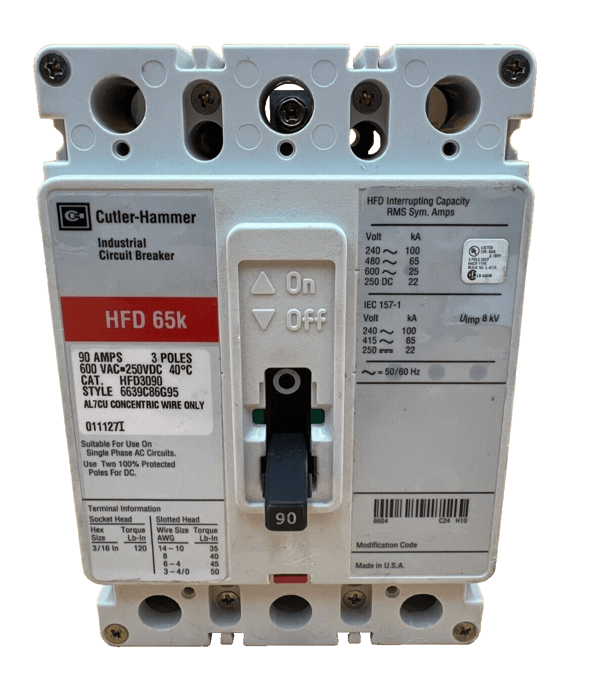 Square D HFD3090 Circuit Breaker 90A 600V 3P Bolt On – image 1