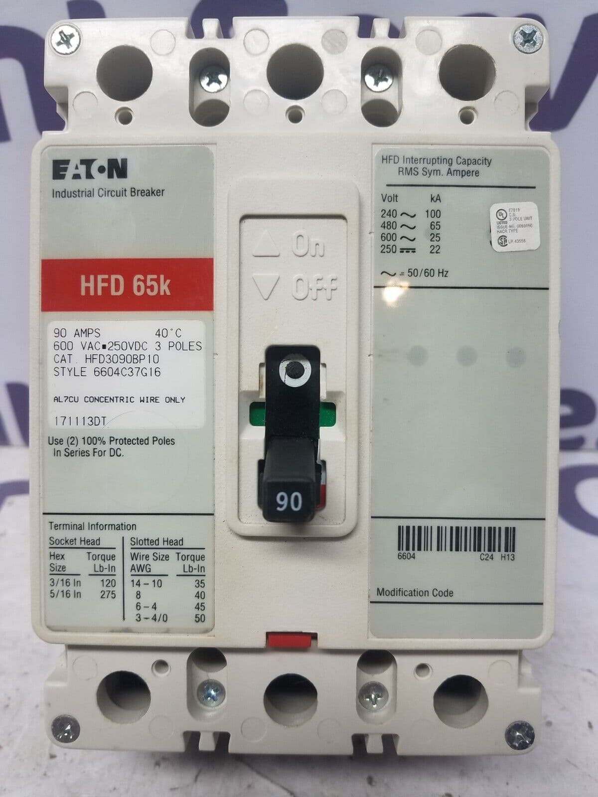 Eaton HFD3090BP10 Circuit Breaker 90A 3P 600V 3PH HFD 65k 3 pole 90 Amp – image 1