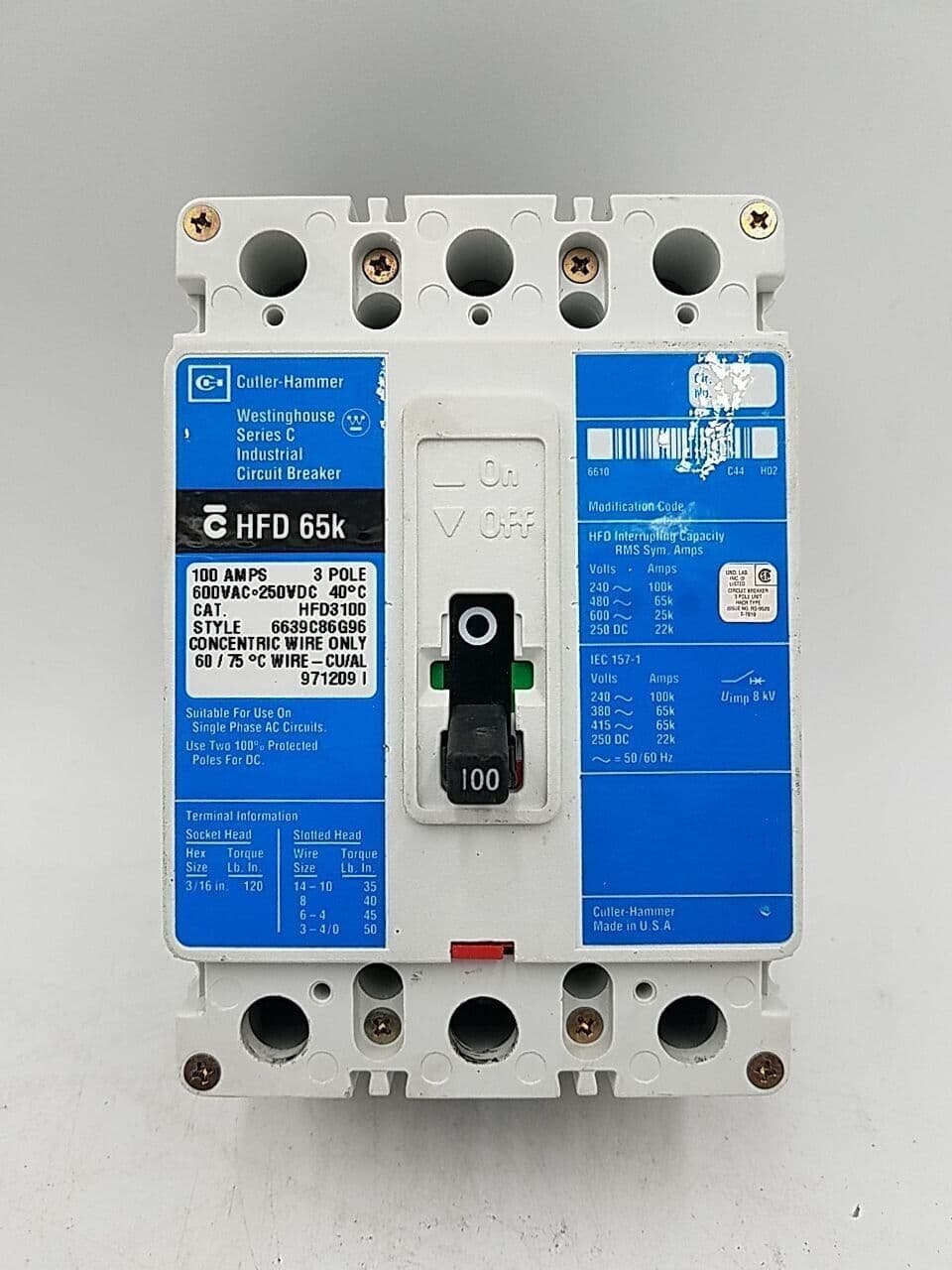 Cutler-Hammer HFD3100 Circuit Breaker 100A 3P 600V HFD 65k 100 Amp 3 Pole