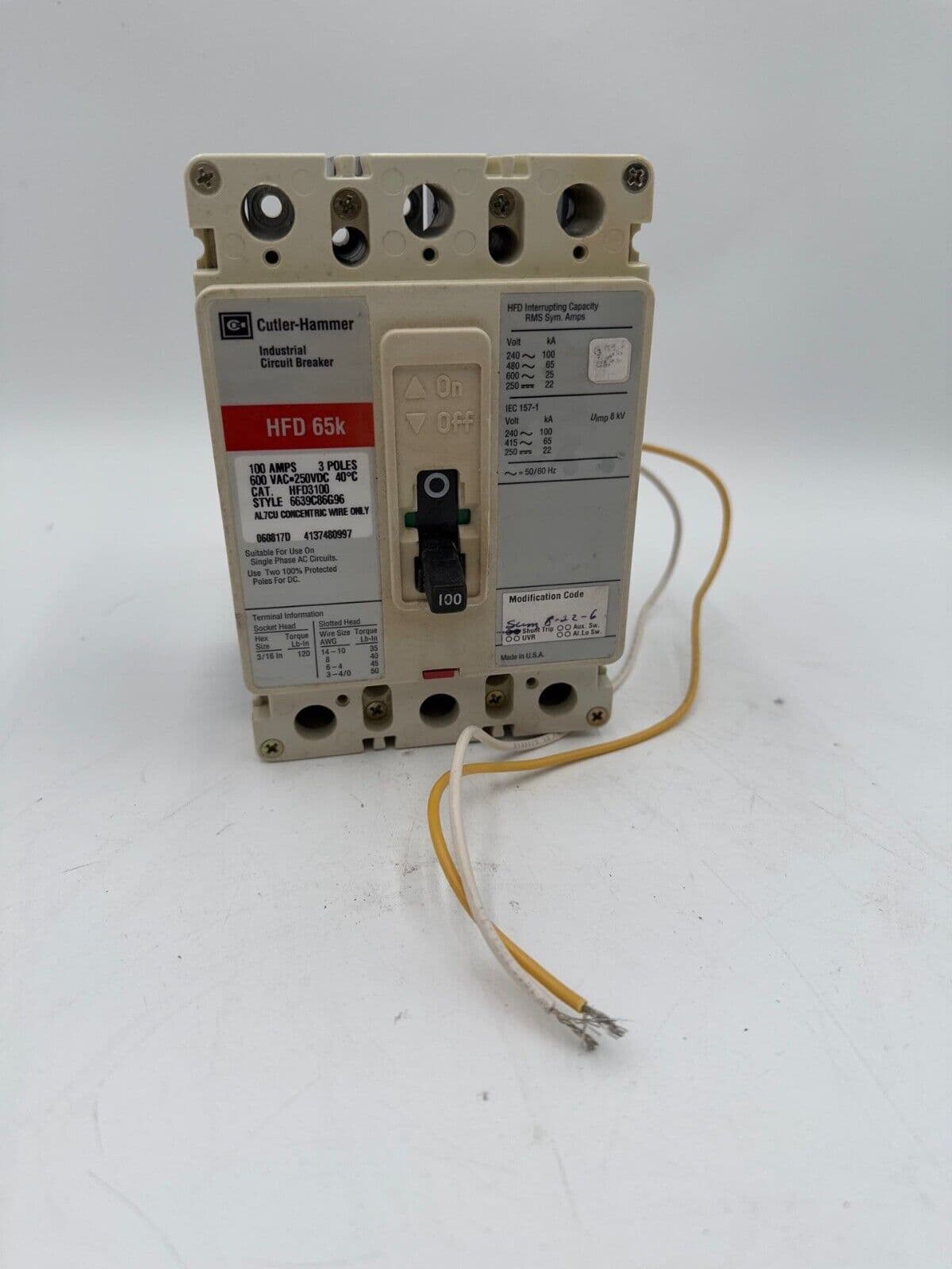 Eaton HFD3100 Circuit Breaker 100A 3P 600V 3PH HFD 65k 100 Amp 3 Pole Shunt Trip
