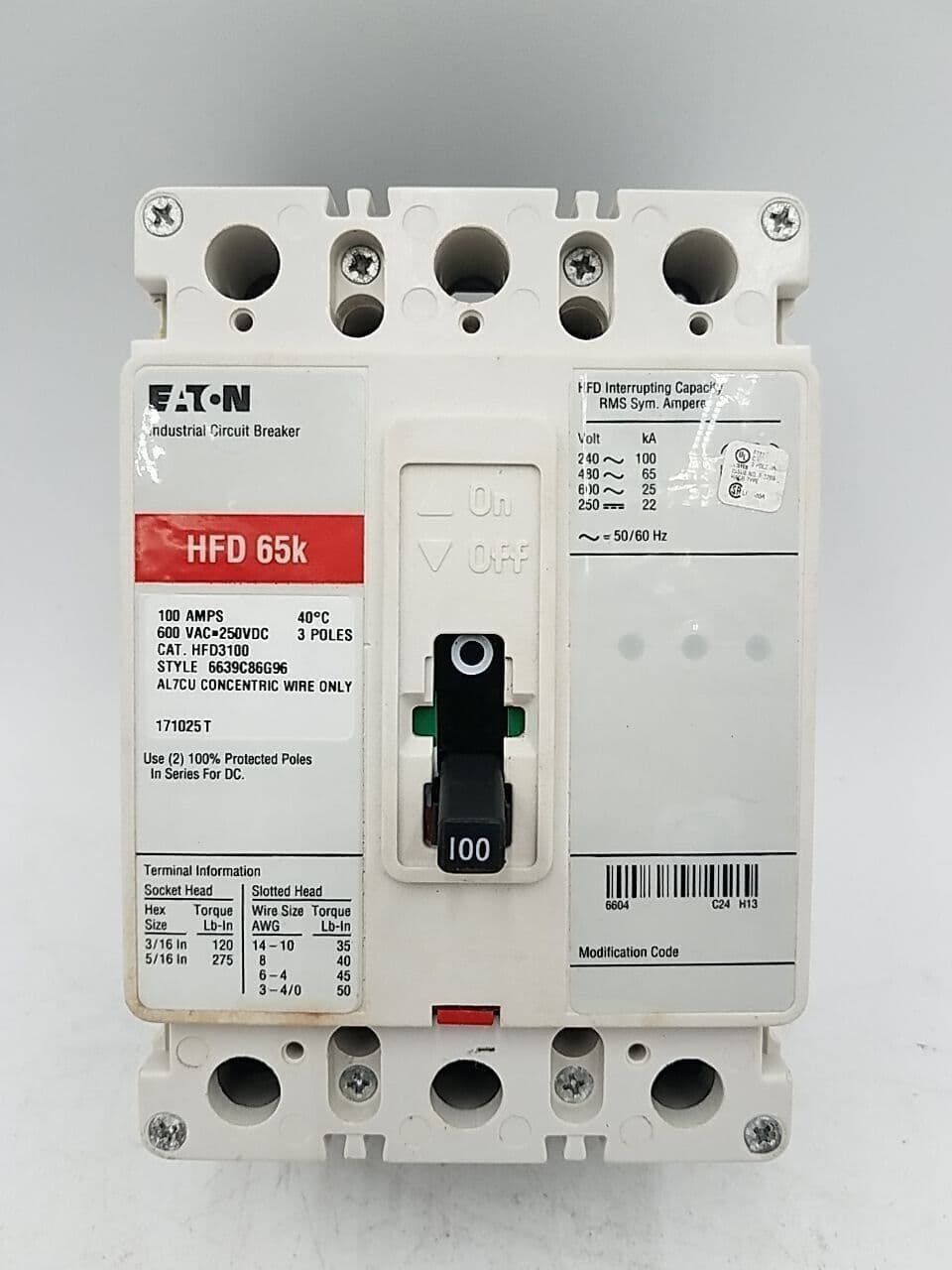 Eaton HFD3100 Circuit Breaker 100A 3P 600V 3PH HFD 65k 100 Amp 3 Pole – image 1