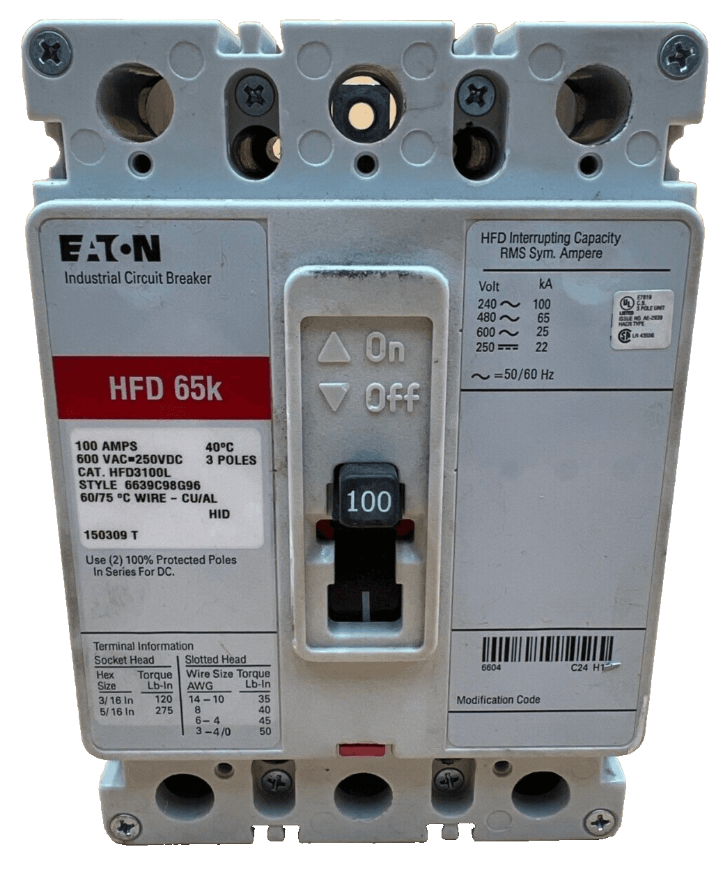 Eaton HFD3100L Circuit Breaker 100A 3P 600V 3PH HFD 65k 100 Amp 3 Pole – image 1