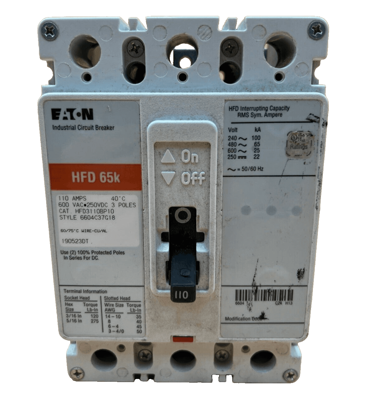 Eaton HFD3110BP10 Circuit Breaker 110A 3P 600V 3PH Bolt on 110 Amp 3 Pole – image 1