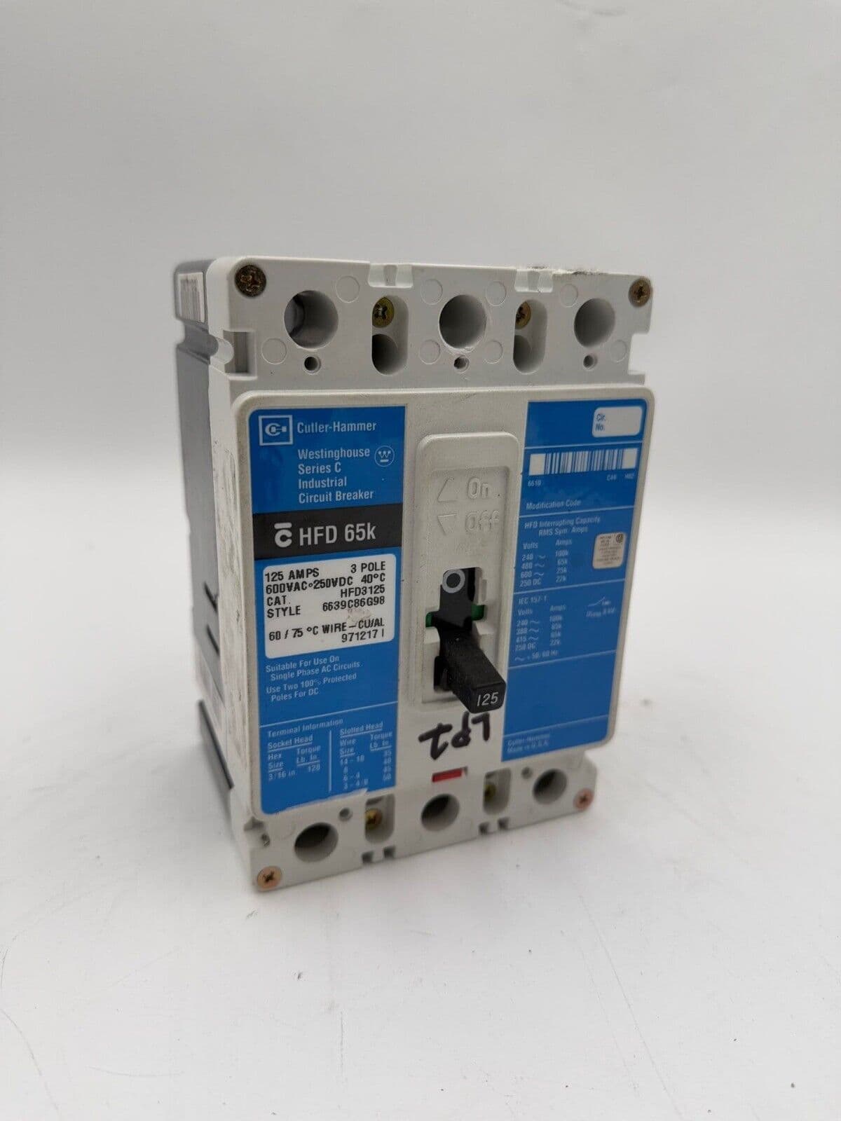 Cutler Hammer HFD3125 Circuit Breaker 125A 3P 600V HFD 65k 125 Amp 3 Pole