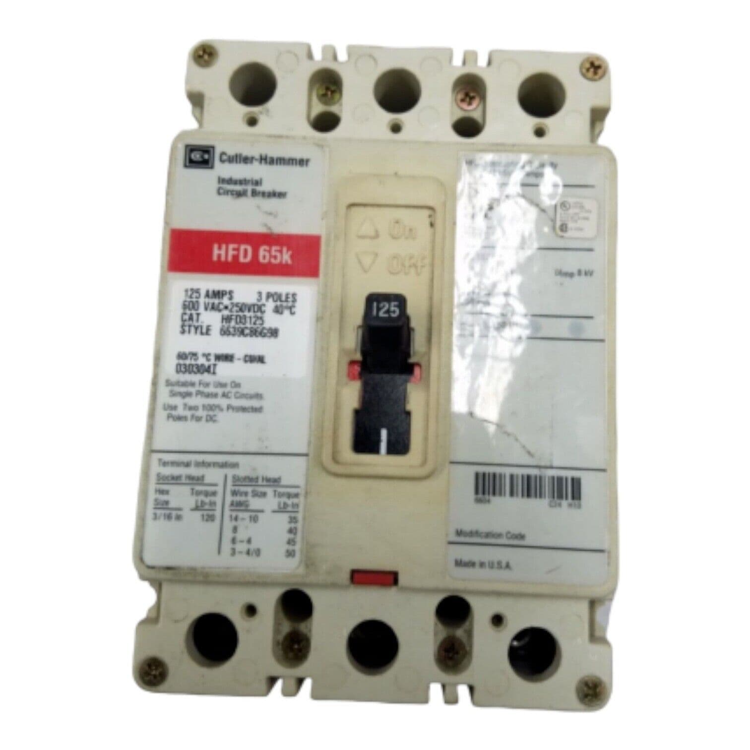 Cutler Hammer HFD3125 Circuit Breaker 125A 3P 600V HFD 65k 125 Amp 3 Pole – image 1