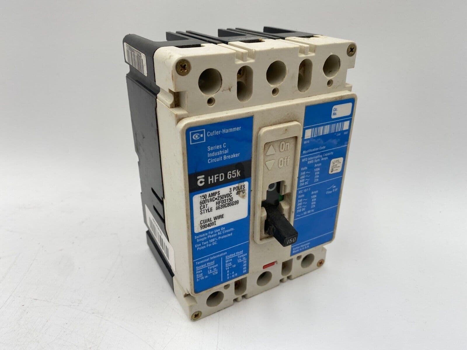 Eaton HFD3150 Circuit Breaker 150A 3P 600V 3PH HFD Bolt On 150 Amp 3 Pole – image 1