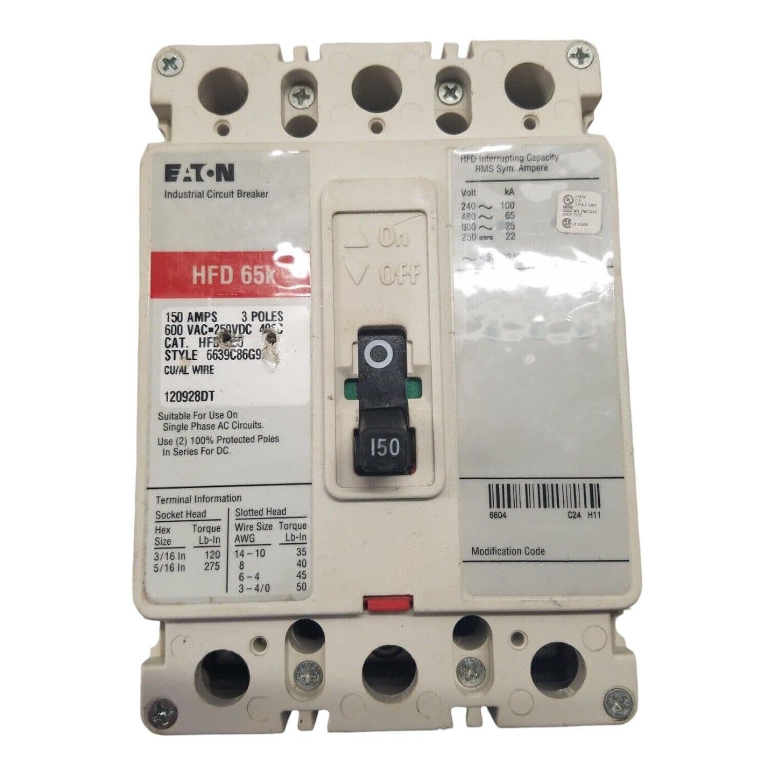 Eaton HFD3150 Circuit Breaker 150A 3P 600V HFD 65k 3 pole 150 Amp Used – image 1