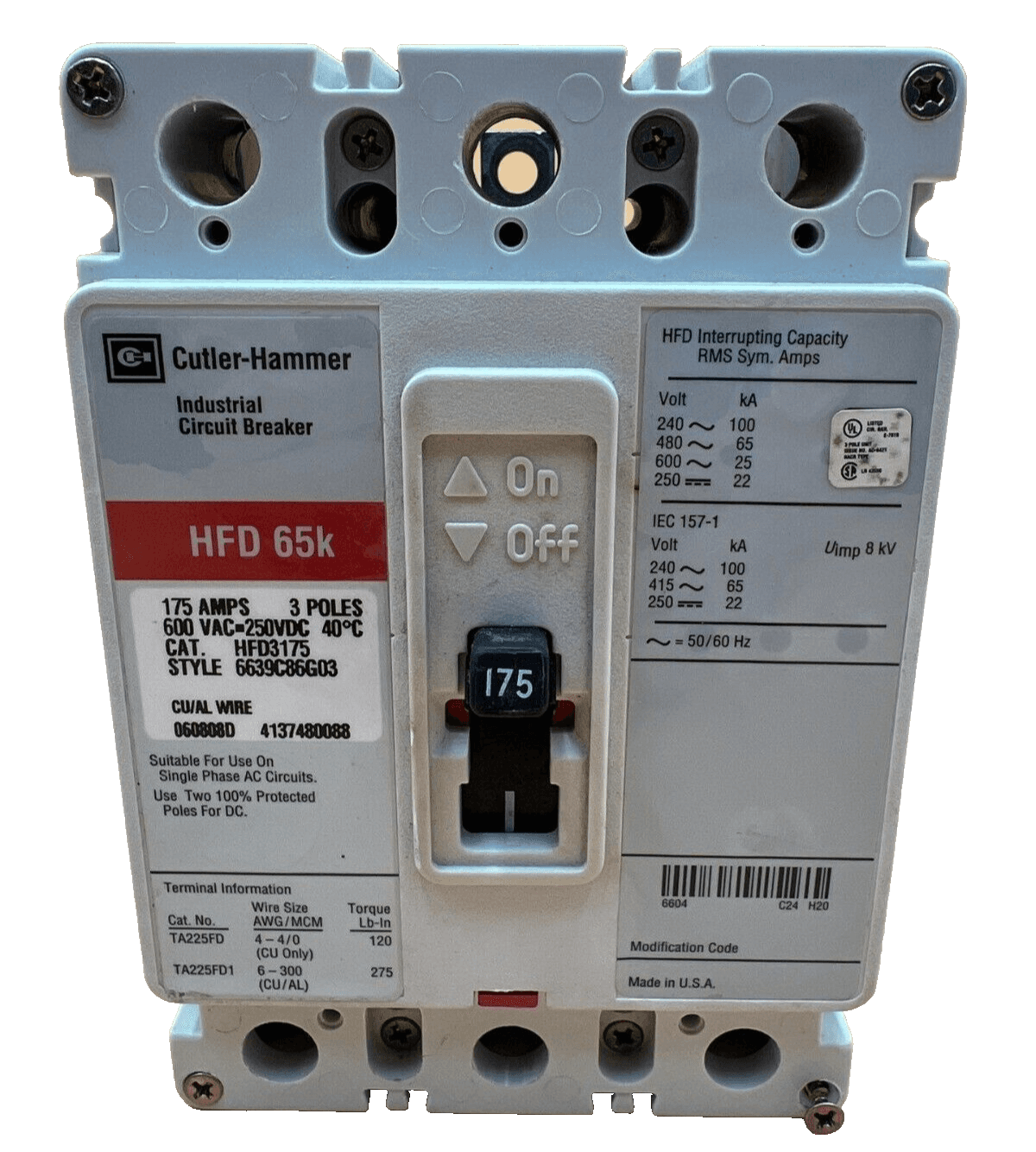 Cutler Hammer HFD3175 Circuit Breaker 175A 3P 600V 3PH Bolt On 175 Amp 3 Pole