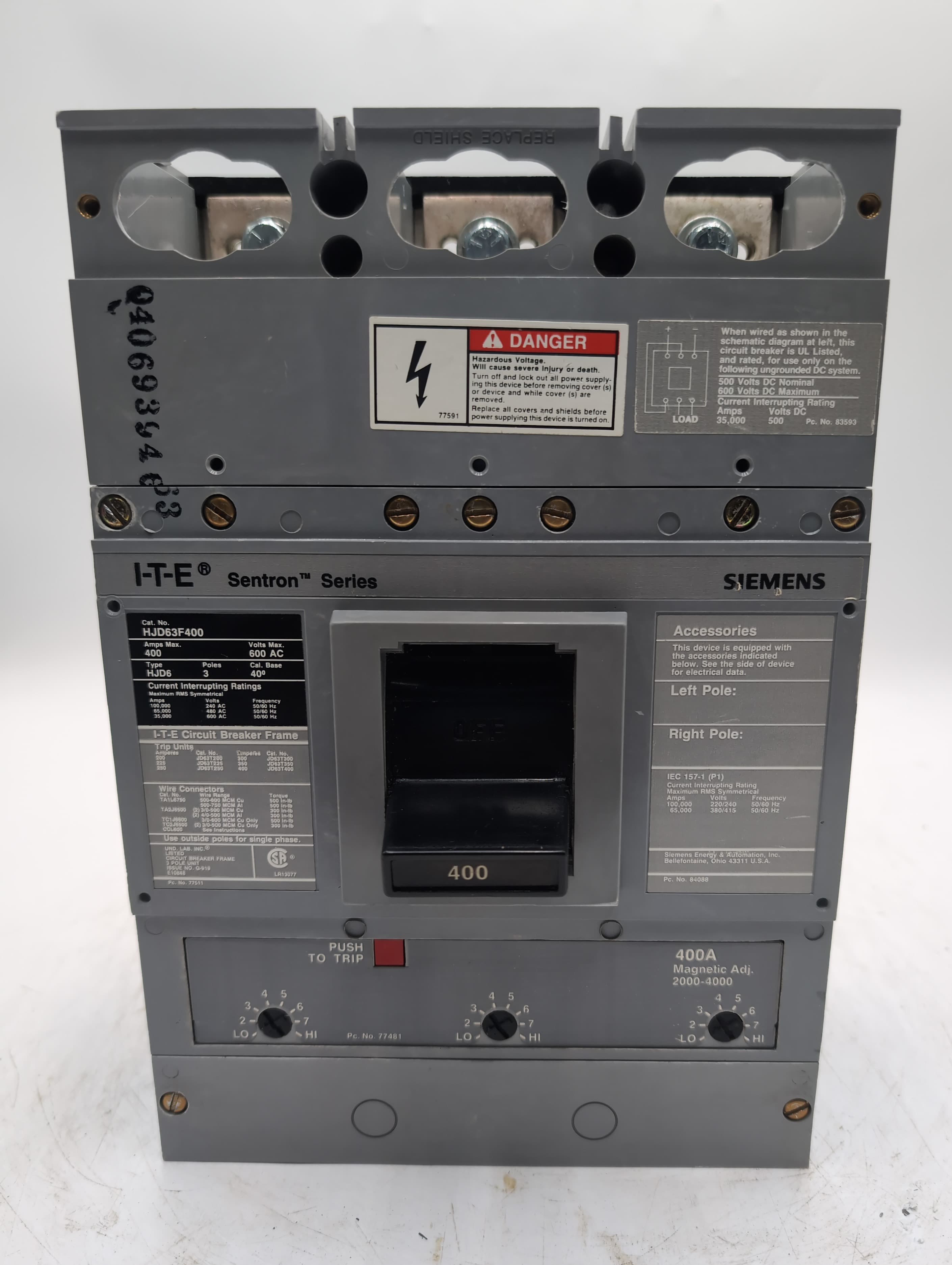 Siemens HJD63B400 / HJD63F400 Sentron Series 400A 600V 3-Pole Breaker 65kA – image 1