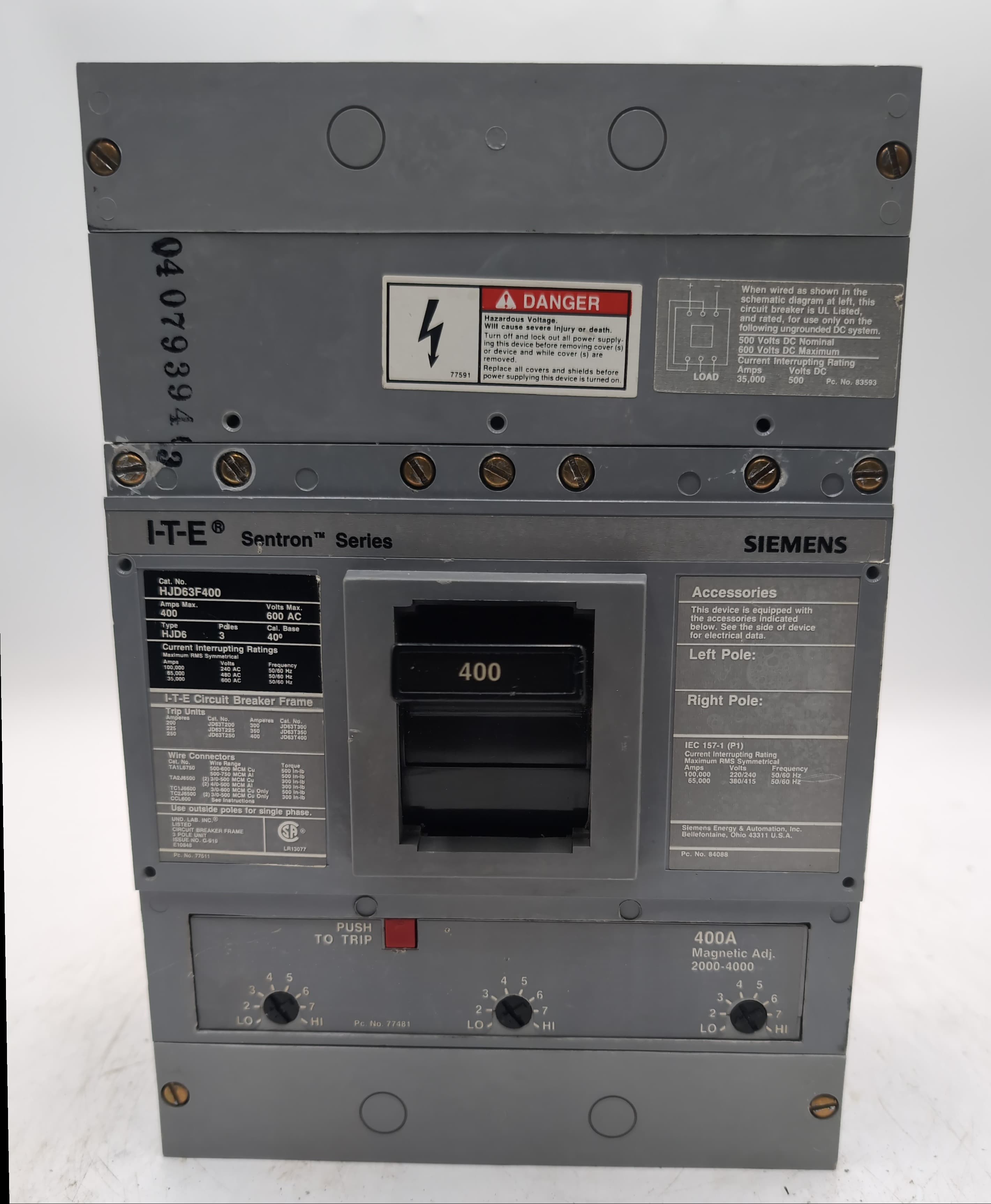 Siemens HJD63B400 / HJD63F400 Sentron Series 400A 600V 3-Pole Breaker 65kA – image 1