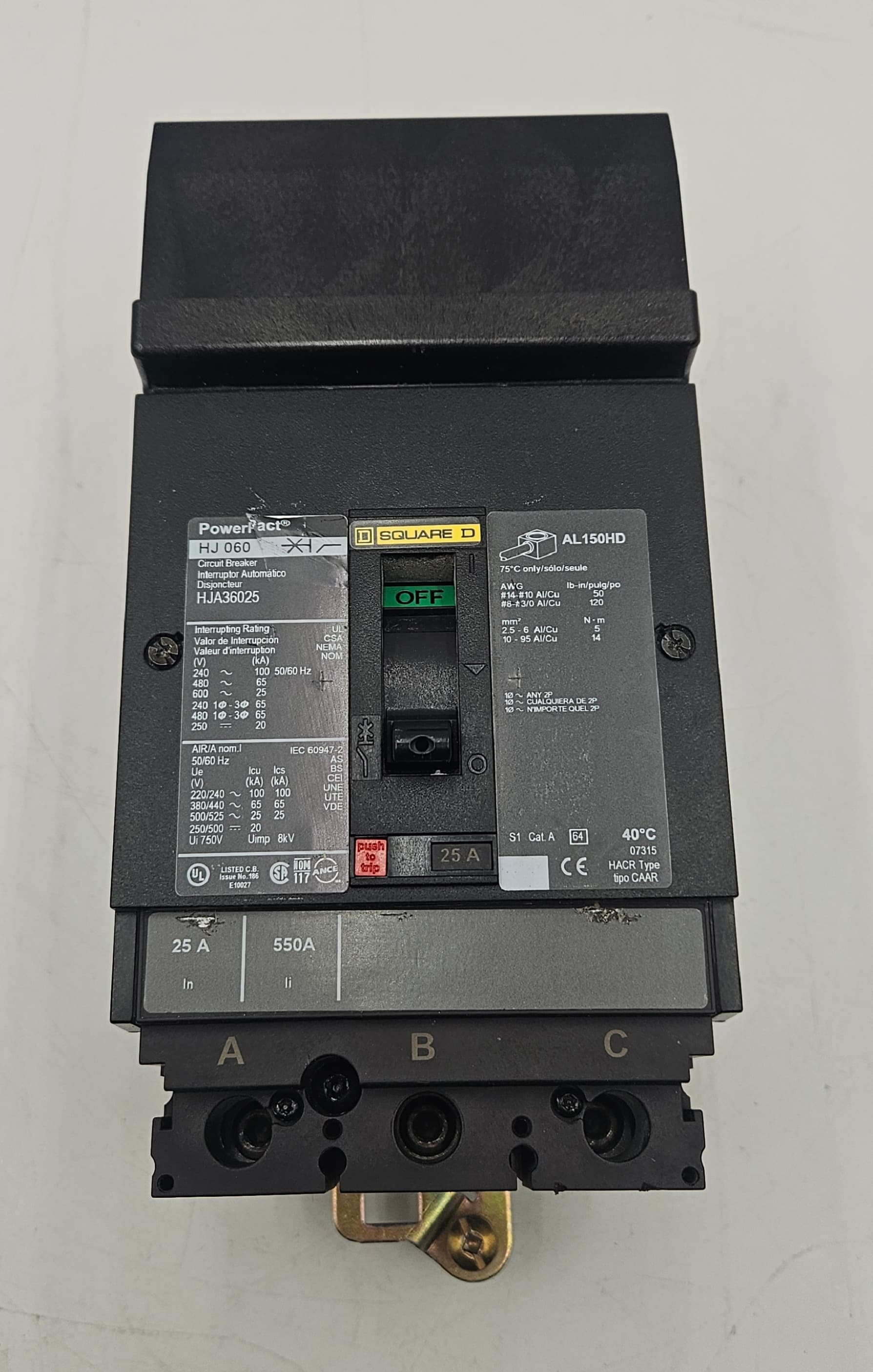 Square D HJA36025 PowerPacT H-Frame Circuit Breaker 3P 25A 600V I-Line HJA USED – image 1