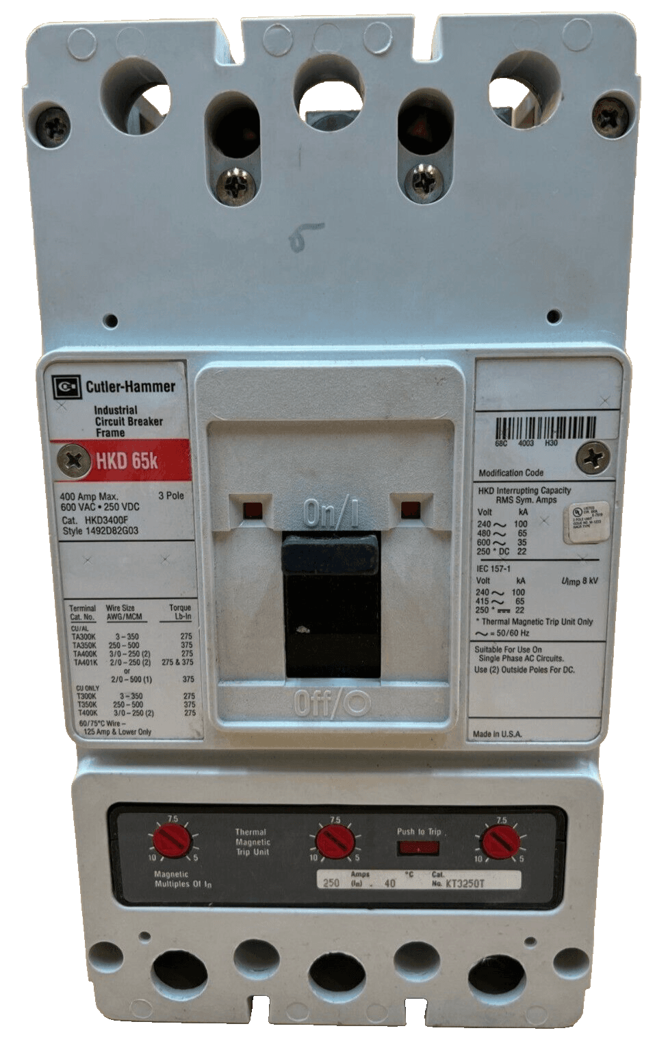 Cutler Hammer HKD3250 Circuit Breaker 250A 3P 600V 3PH HKD 65k 250 Amp 3 Pole – image 1