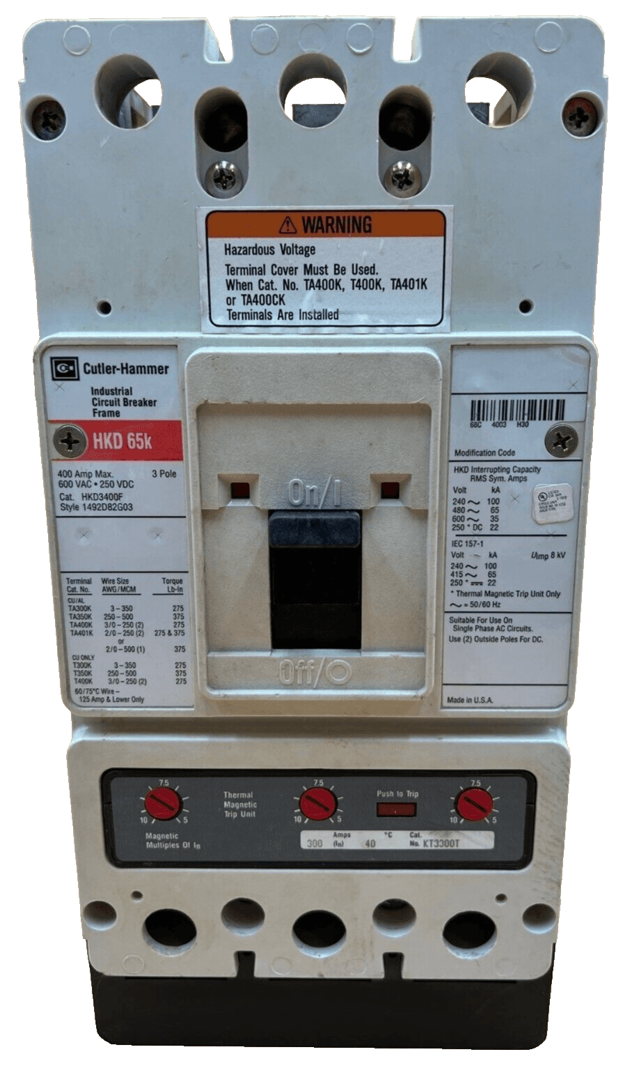 Cutler-Hammer HKD3300 Circuit Breaker 300A 3P 600V 3PH Lug to Lug – image 1