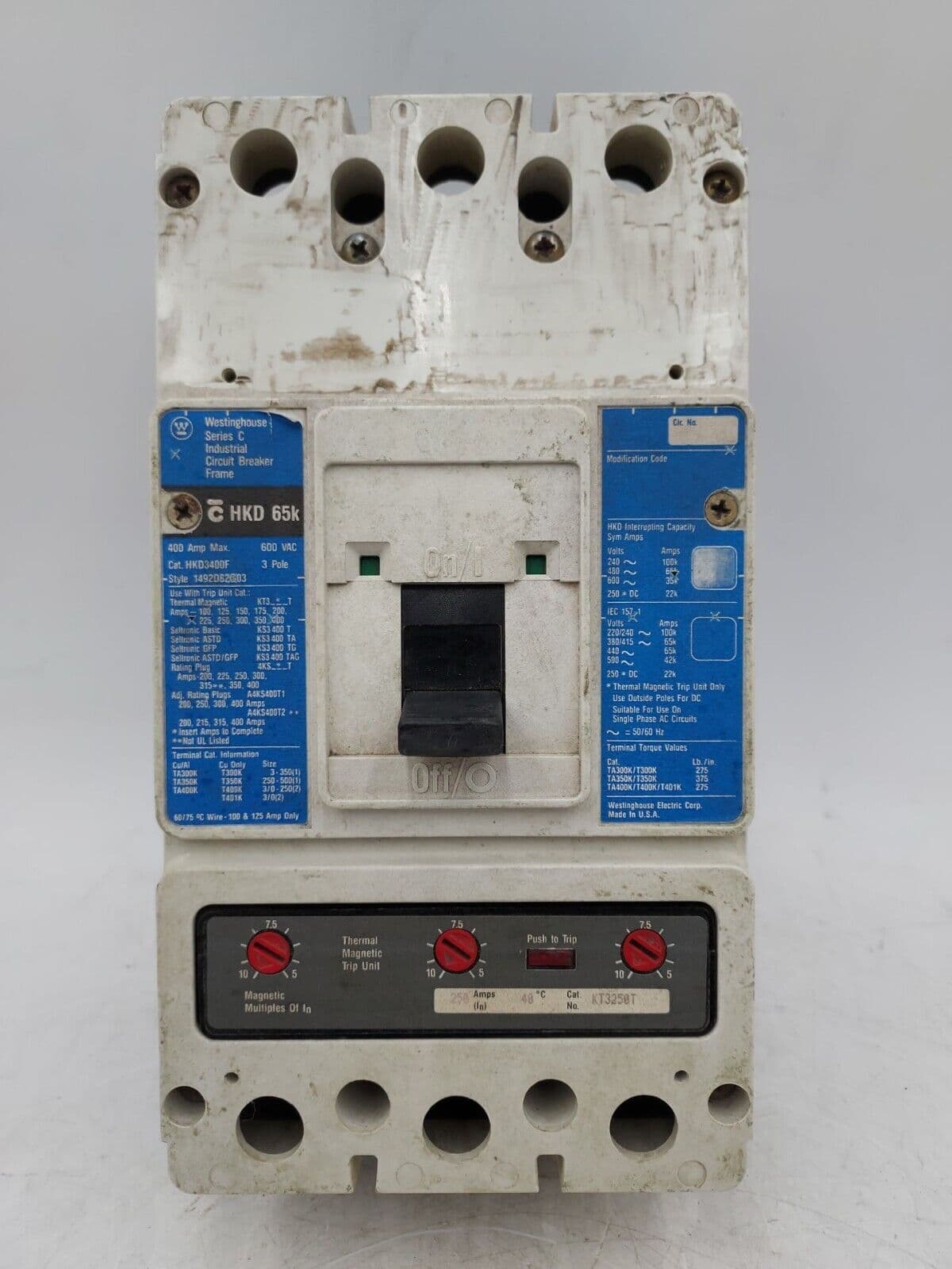 Eaton HKD3250 Circuit Breaker 250A 3P 600V 3PH Trip KT3250T 250A 250 Amp – image 1