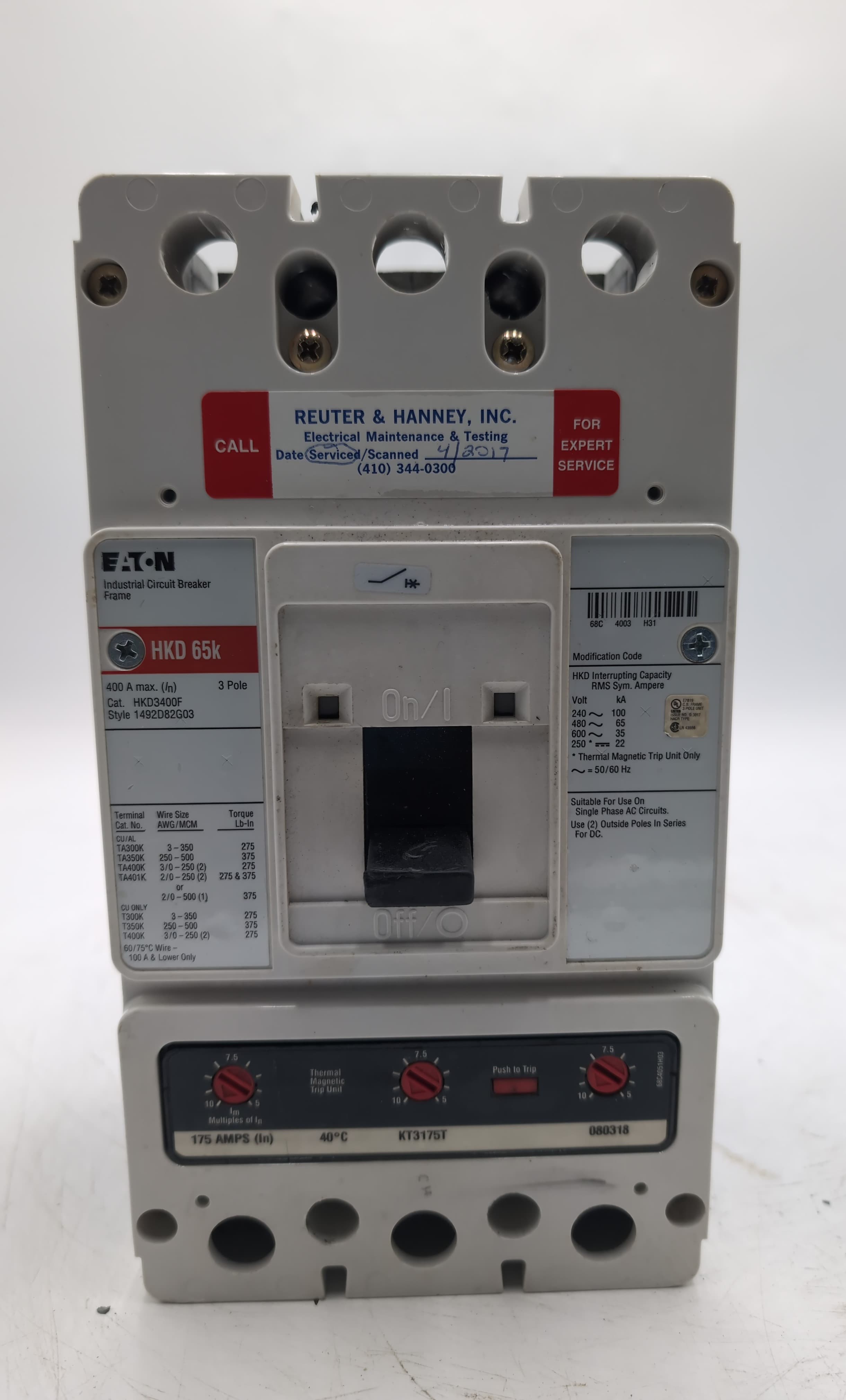 Eaton HKD3400F 400A Frame w/ KT3175T 175A Trip Unit 3P 600V HKD 65k - Used – image 1