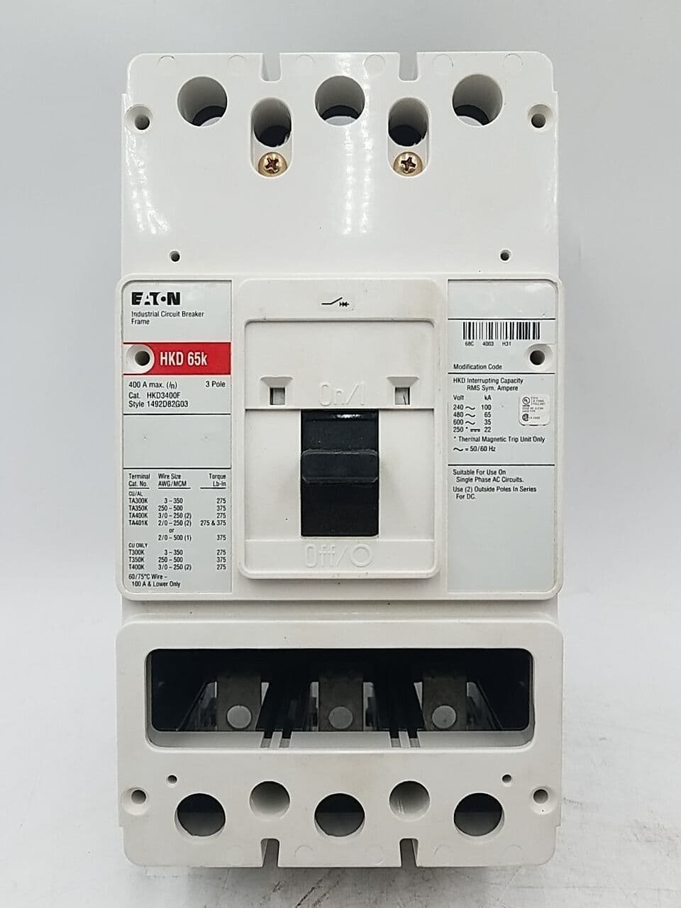 Eaton HKD3400F Circuit Breaker Frame 400A 3P 600V HKD 65k 400 Amp 3 Pole