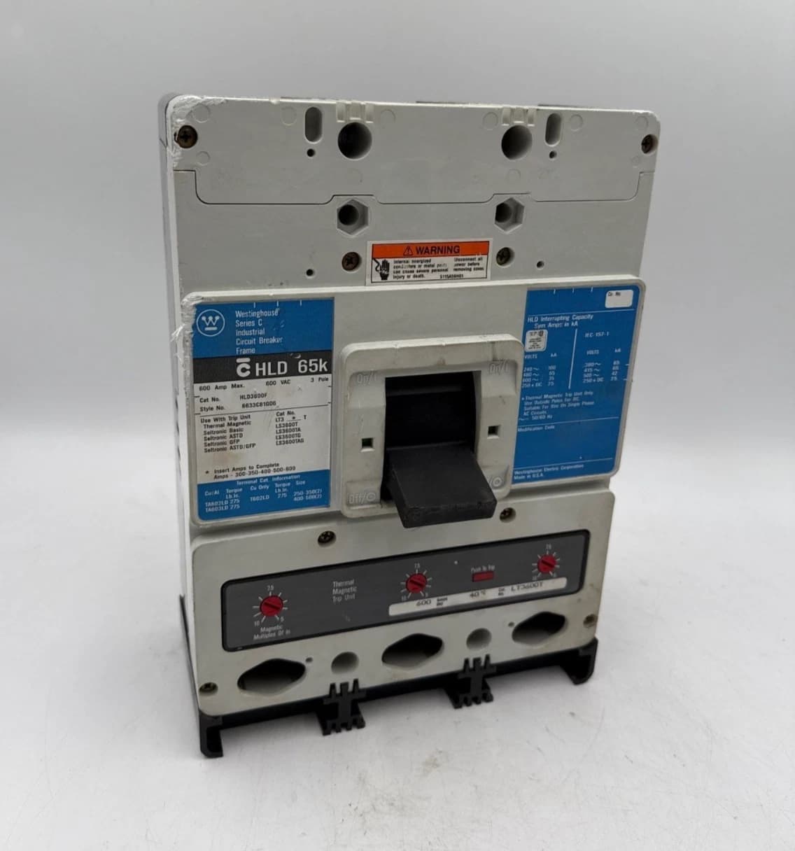 Westinghouse HLD3600 Circuit Breaker 600A 3P 600V 3PH HLD 65k 600 Amp LT3600T