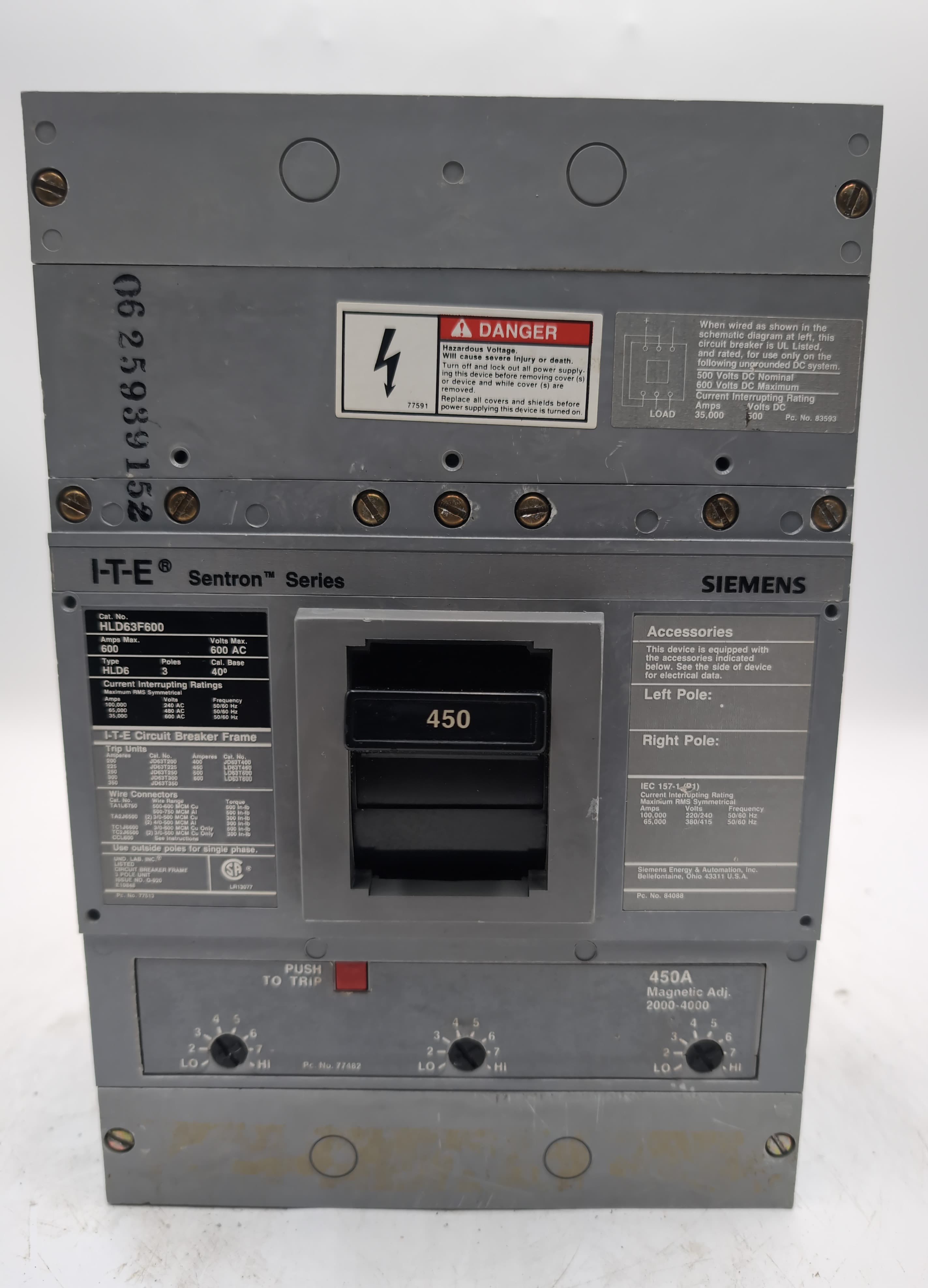 Siemens HLD63B450 / HLD63F600 Sentron Series 450A 600V 3-Pole Breaker 65kA used – image 1