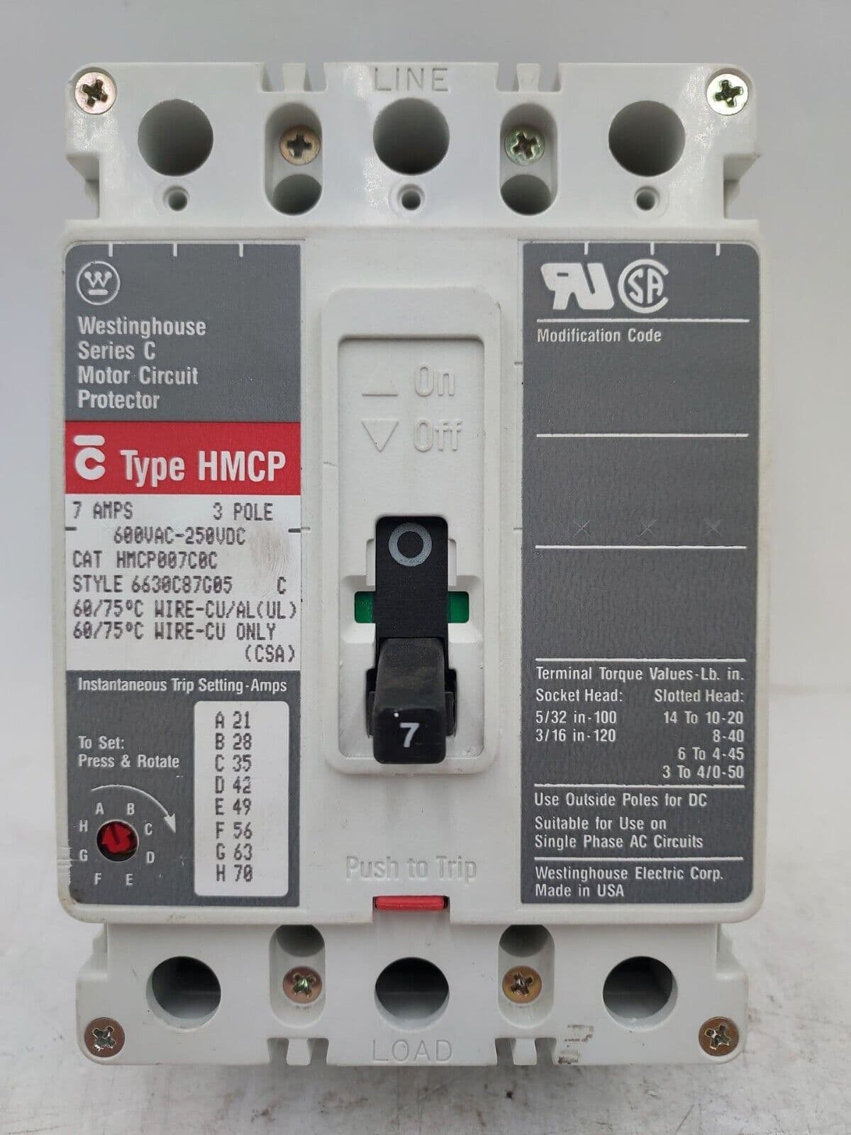 Eaton HMCP007C0C Circuit Breaker 7A 3P 600V 7 Amp HMCP 3 POLE Bolt On – image 1