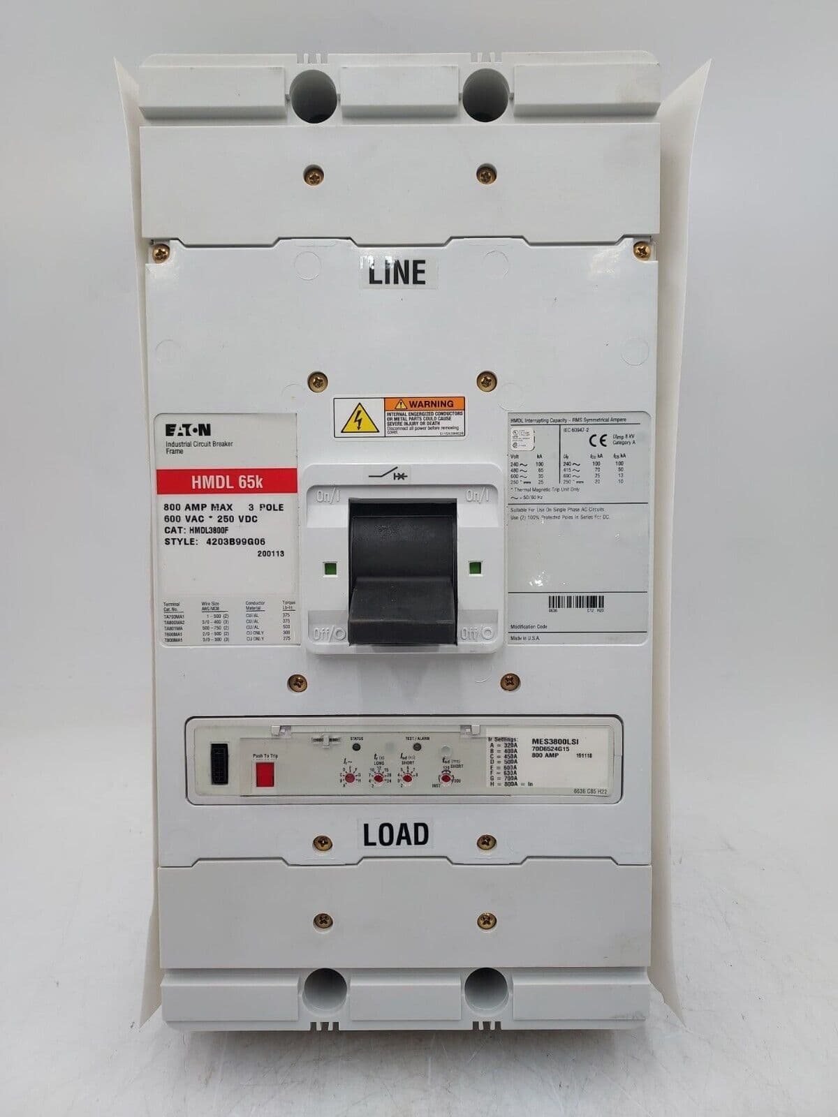 Eaton HMDL3800 Circuit Breaker 800A 3P 600V 65k 800 Amp 3 POLES BOLT ON New