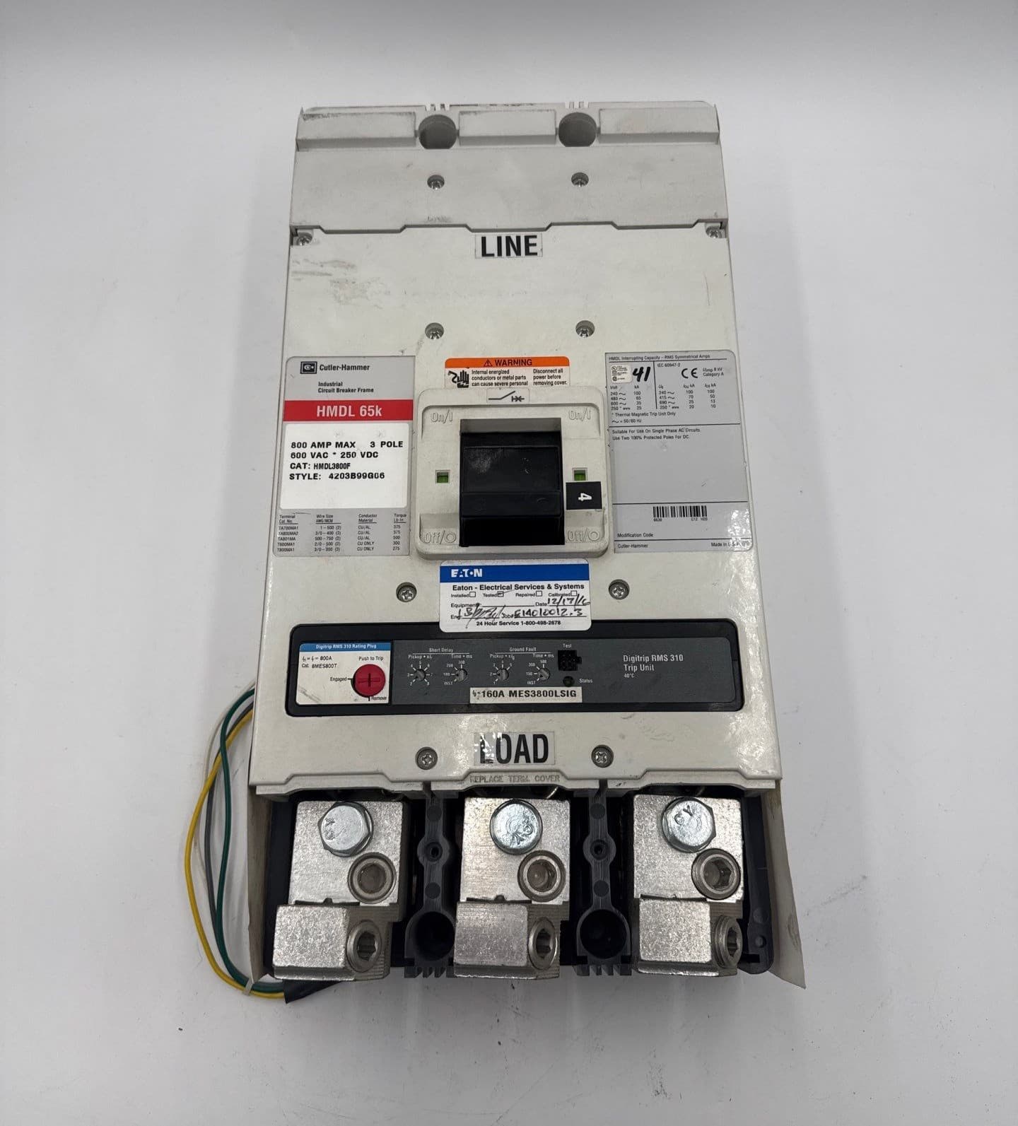 Eaton HMDL3800 Circuit Breaker 800A 3P 600V HMDL 65k 800 Amp 3 Pole LSIG – image 1