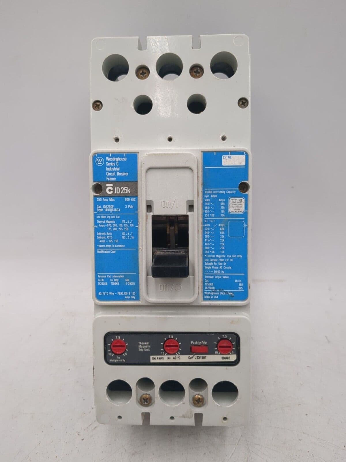 Eaton JD3150 Circuit Breaker 150A 3P 600V JT3150T Trip 150 Amp 3 Pole