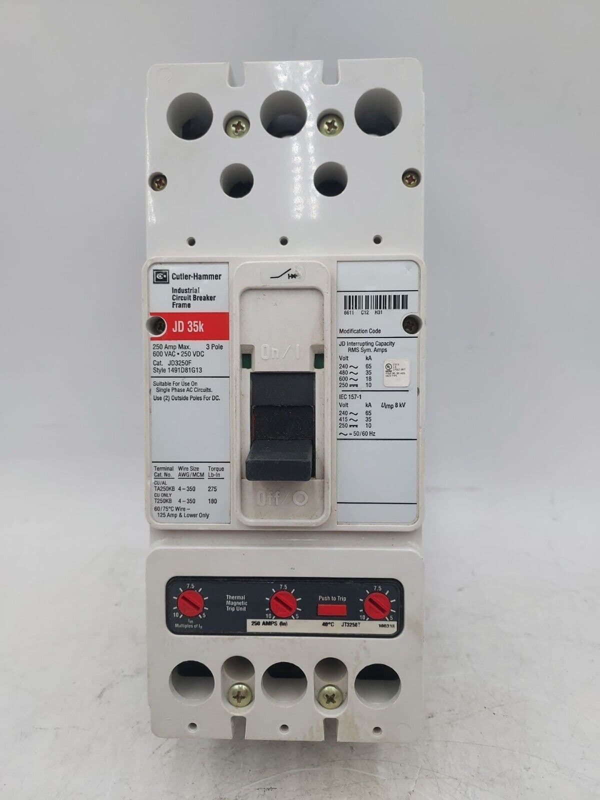 Eaton JD3250 Circuit Breaker 250A 3P 600V Trip JT3250T 250 Amp 3 Pole – image 1