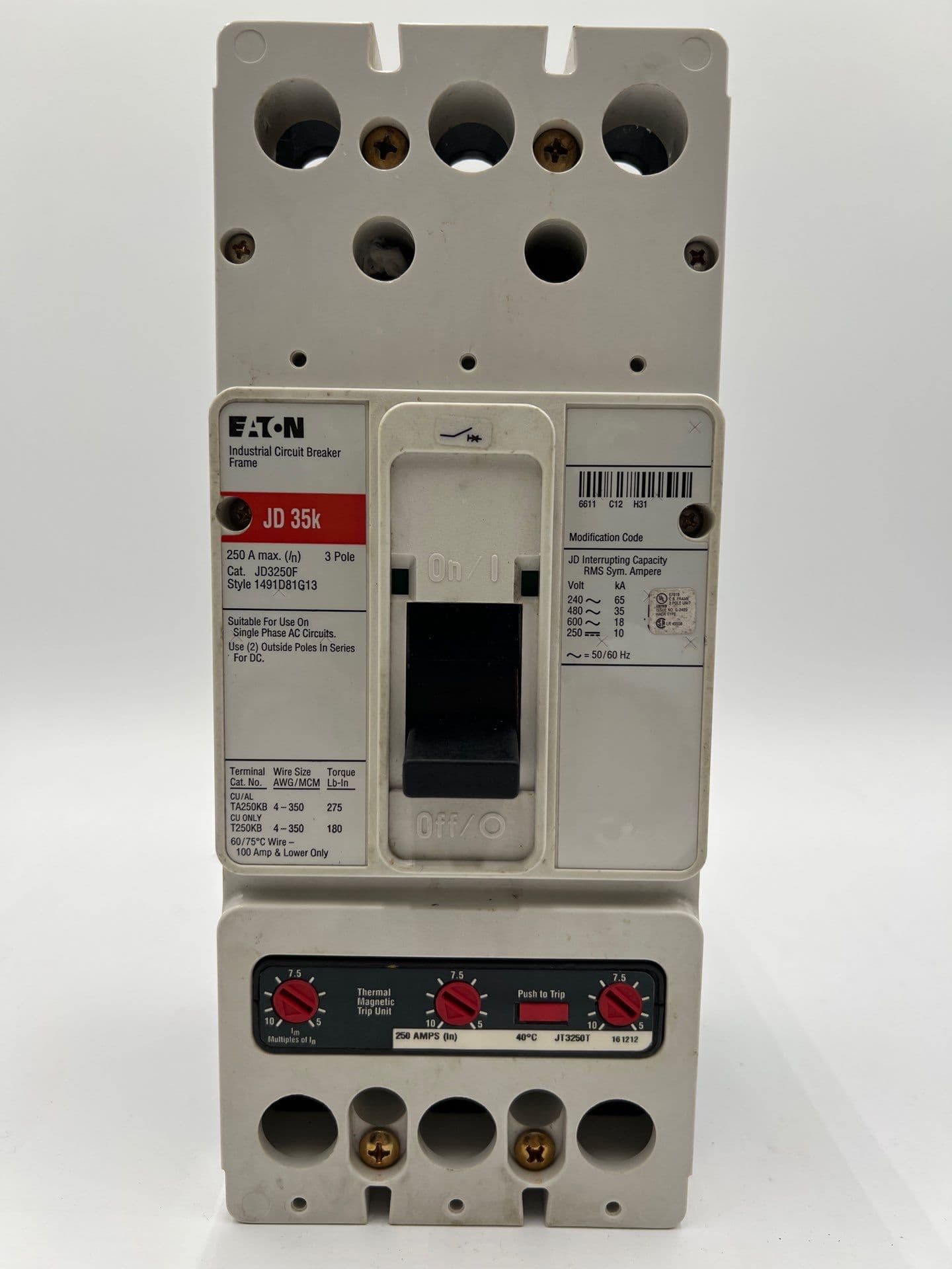 Eaton JD3250 Circuit Breaker 250A 3P 600V JT3250T Trip 250 Amp 3 Pole – image 1