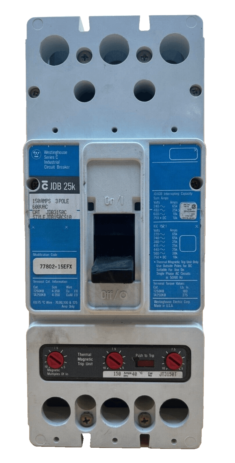 Cutler Hammer JDB3150C Circuit Breaker 150A 3P 600V 3PH JDB 25k 150 Amp – image 1