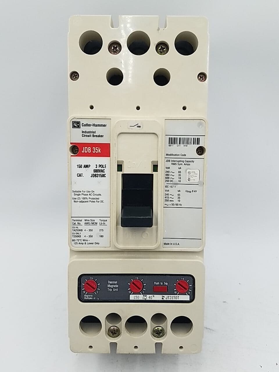 Cutler Hammer JDB3150C 150A 3P 600V 3PH JDB 35k JT3150T Trip Unit 150 Amp – image 1