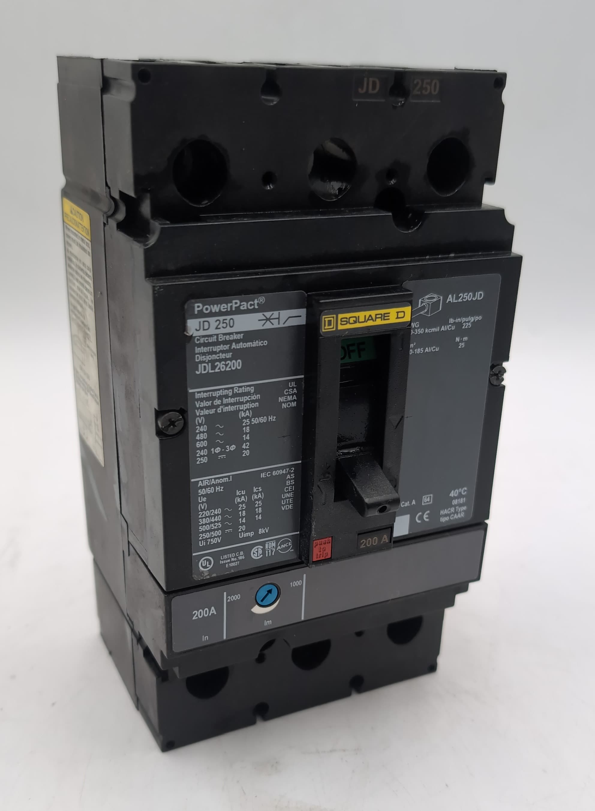 Square D JDL26200 PowerPacT J-Frame 200 Amp 2 Pole 600V Circuit Breaker 200A JDL – image 1
