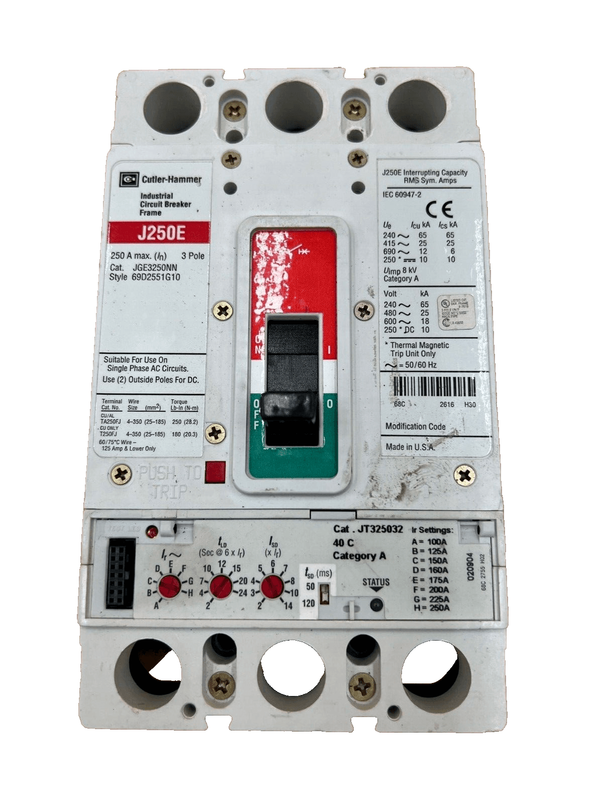 Cutler Hammer JGE3250NN Circuit Breaker 250A 3P 600V 3PH Bolt on 250 Amp 3 Pole – image 1