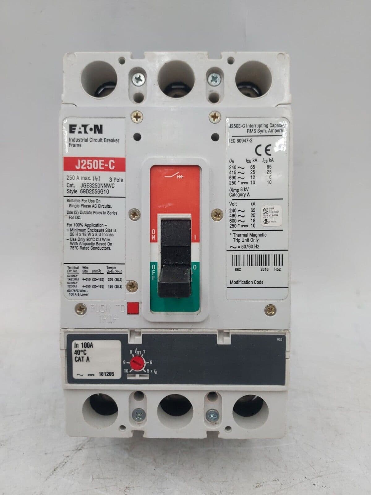 Eaton JGE3250NNWC Circuit Breaker 100A 3P 600V J250E-C 100 Amp 3 Pole BOLT ON – image 1