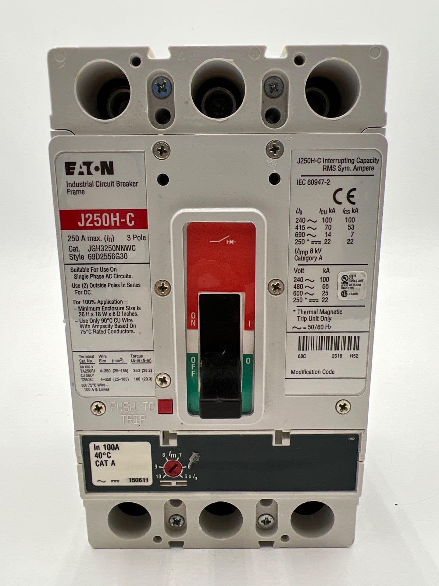 Eaton JGH3250NNWC Circuit Breaker 100A 3P 600V 3PH Bolt On JGH3100 – image 1