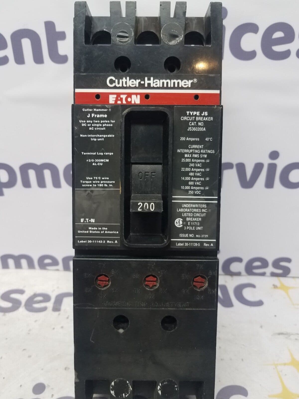Cutler Hammer JS360200A Circuit Breaker 200A 3P 600V JS 3 pole 200 Amp 3 Pole – image 1