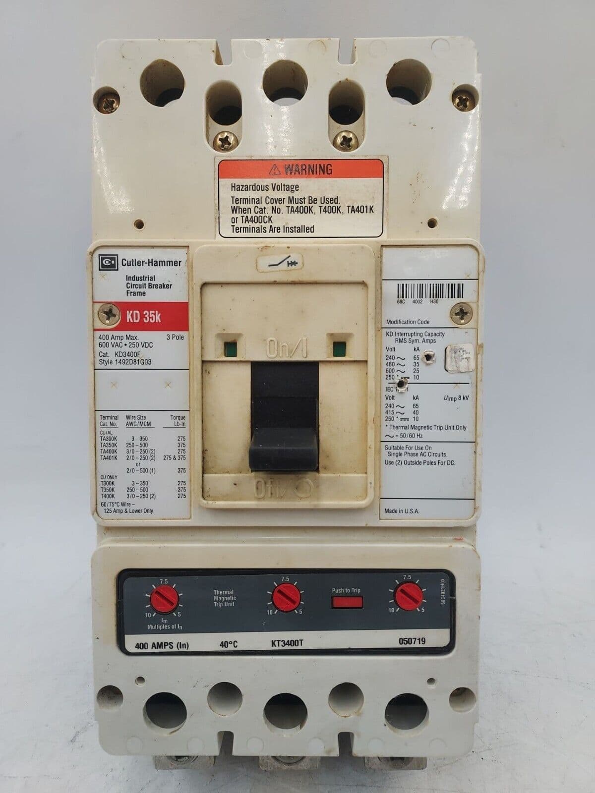 Eaton KD3400 Circuit Breaker 400A 3P 600V KD 35k 400 Amp KT3400T BOLT ON – image 1