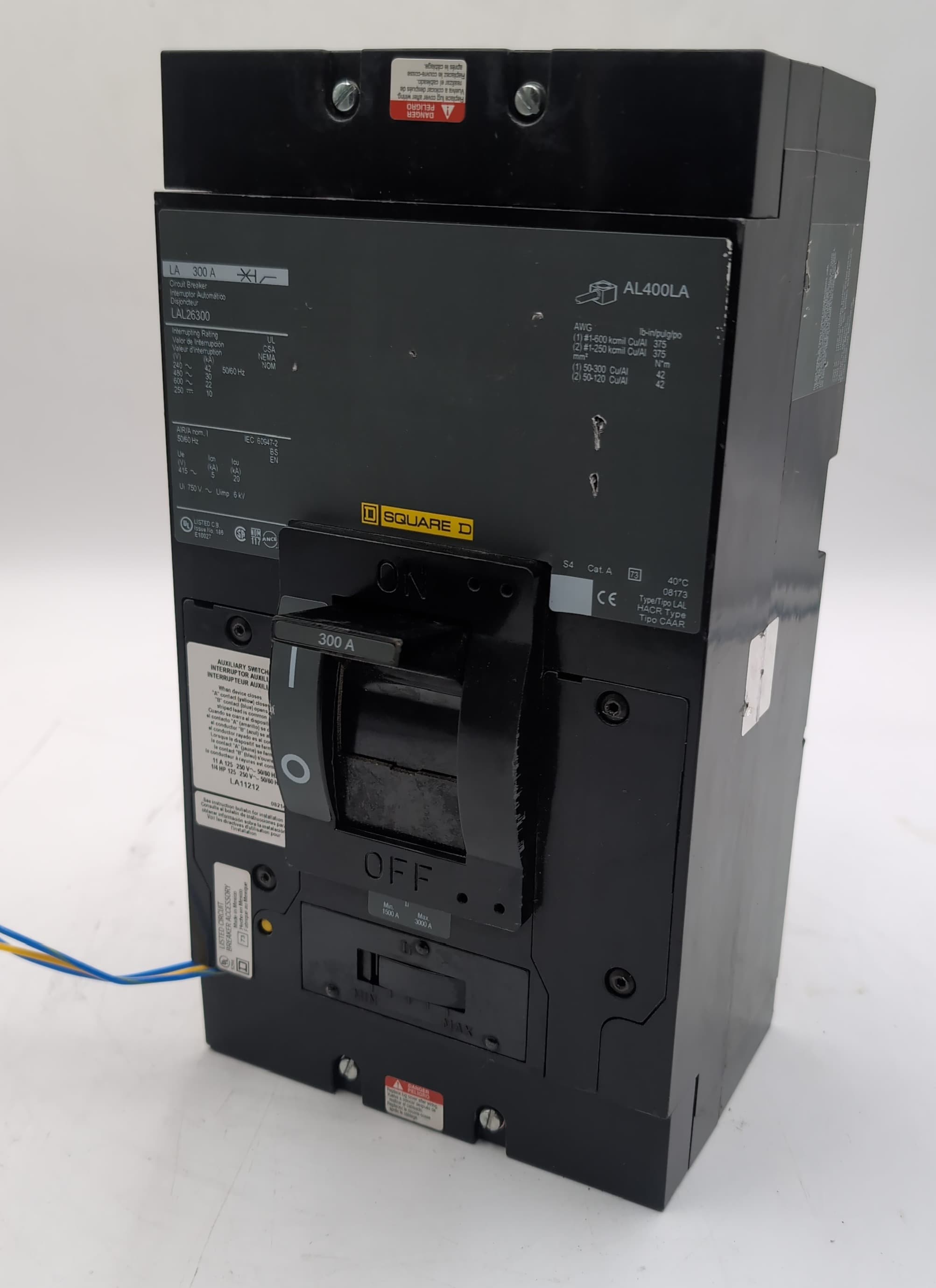 Square D LAL26300 300A 600V 2P L-Frame Breaker w/ LA11212 Auxiliary Contact