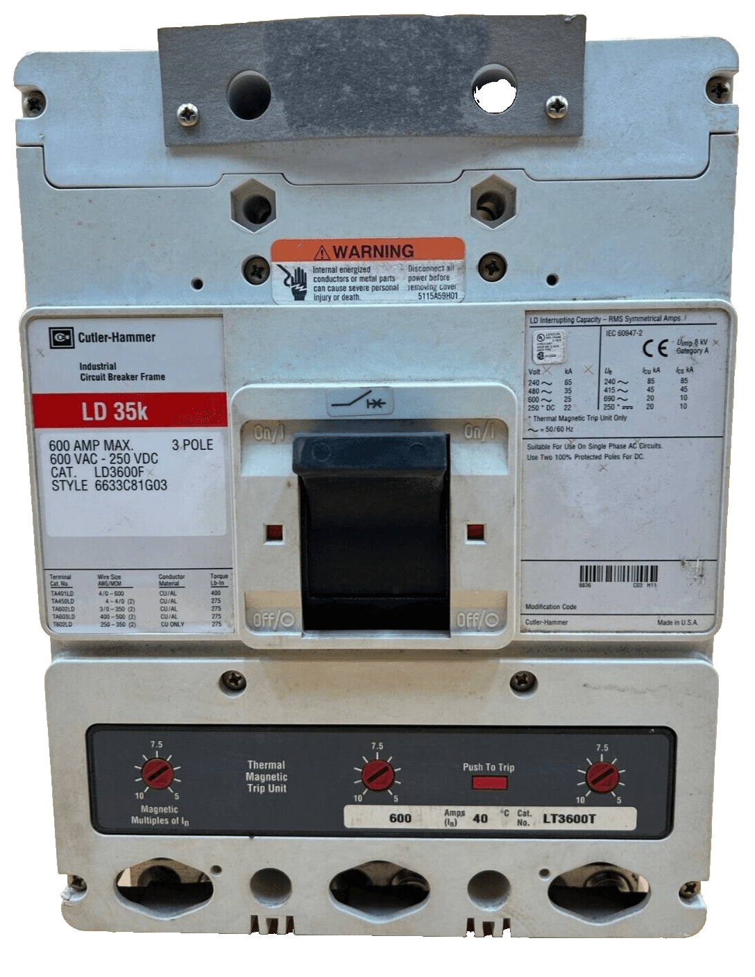 Cutler Hammer LD3600 Circuit Breaker 600A 3P 600V 3PH LD 35k 600 Amp 3 Pole – image 1