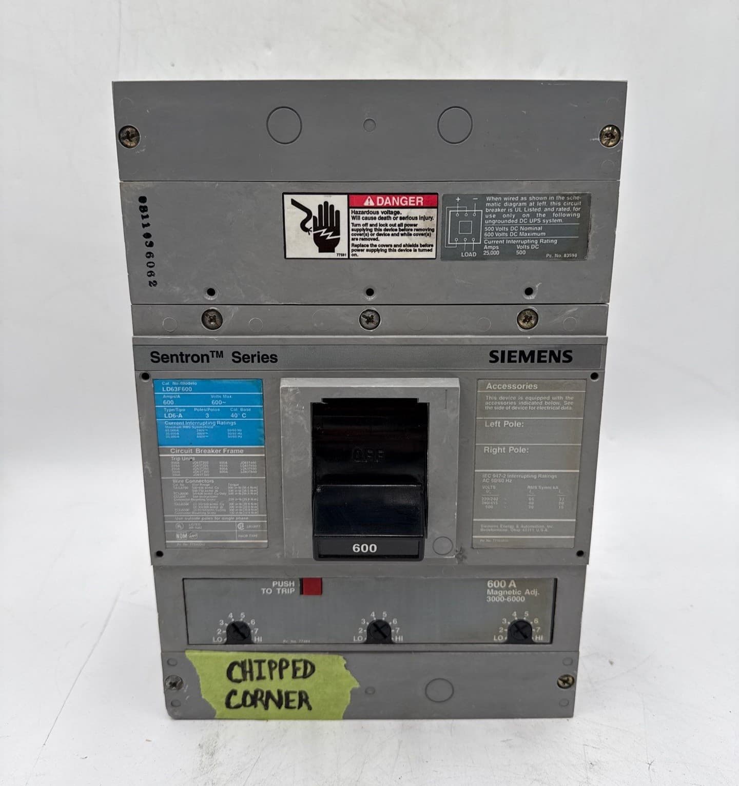 Siemens LD63B600 Circuit Breaker 600A 3P 600V 3PH LD6-A 600 Amp 3 Pole CHIPPED – image 1