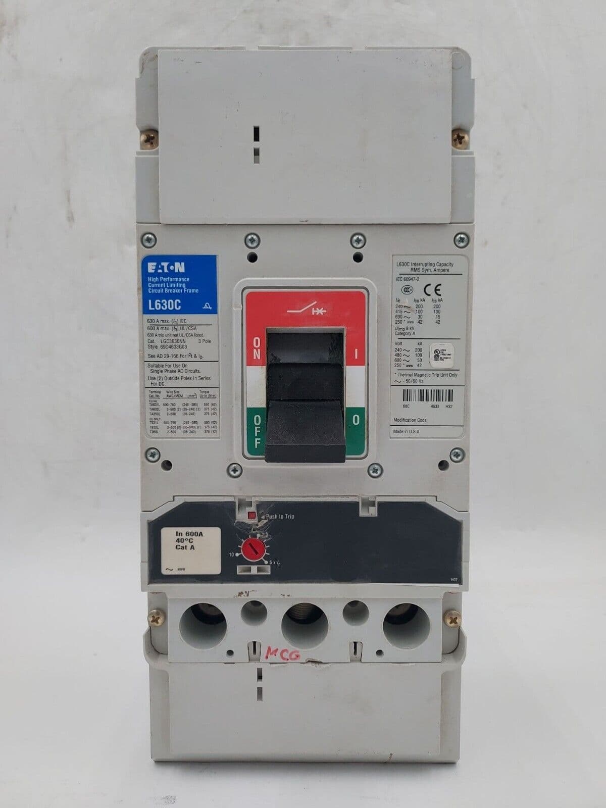 Eaton LGC3630NN Circuit Breaker 600A 3P 600V L630C 600 Amp 3 POLE – image 1