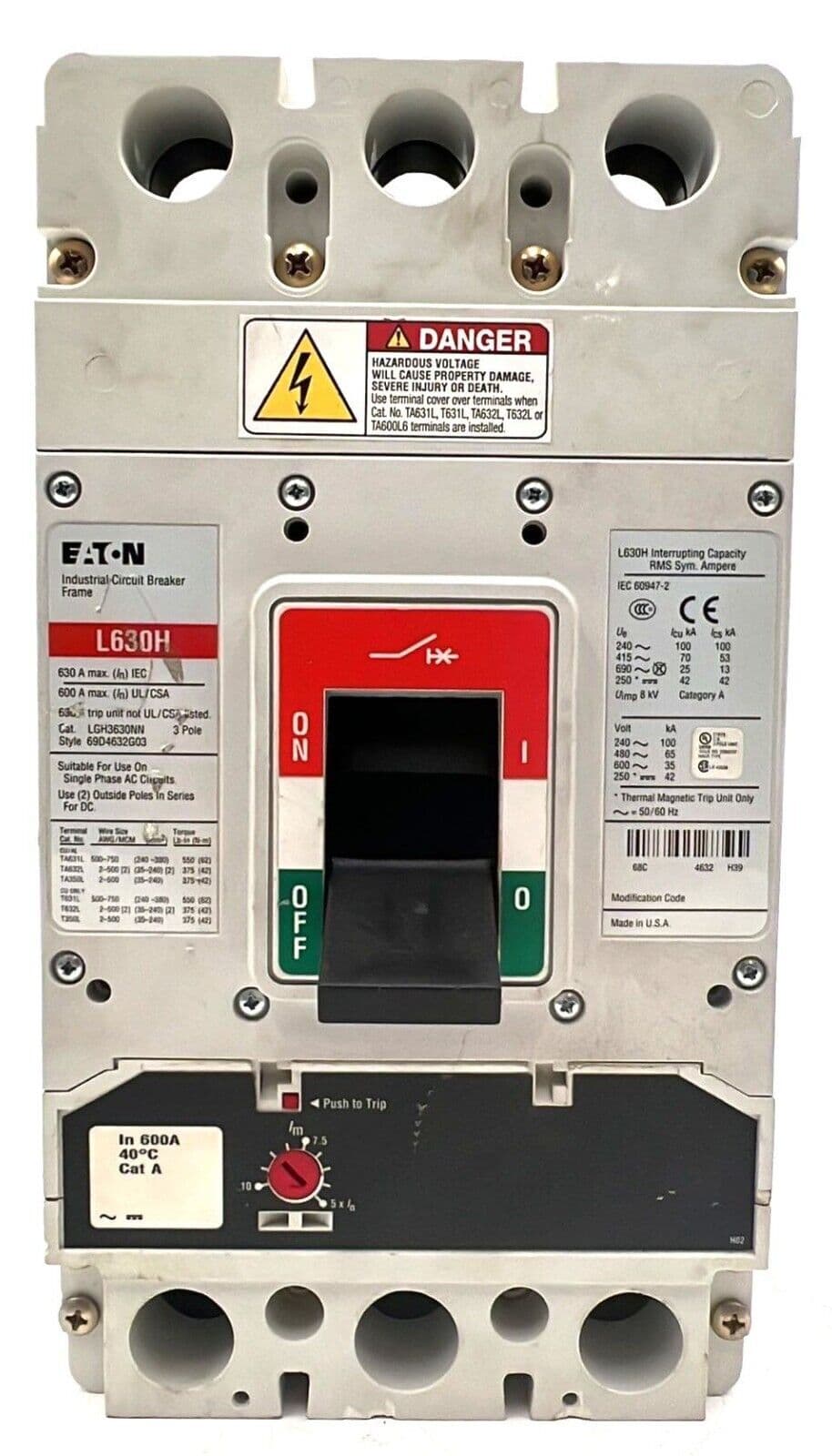 Eaton LGH3630NN Circuit Breaker 600A 3P 600V L630H 600 Amp 3 Pole