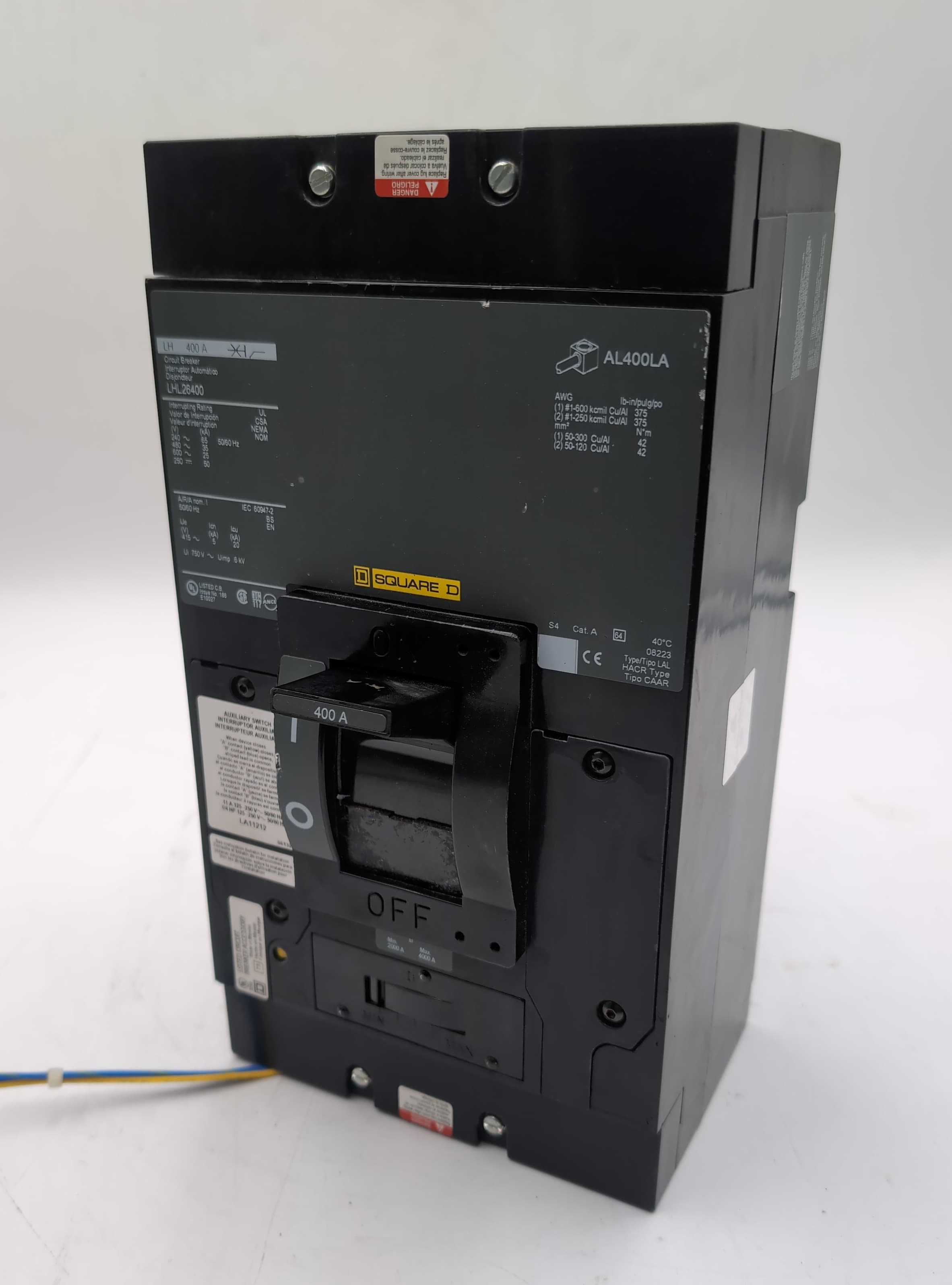 Square D LHL26400 2-Pole 400A 600V Circuit Breaker with LA11212 Aux Switch