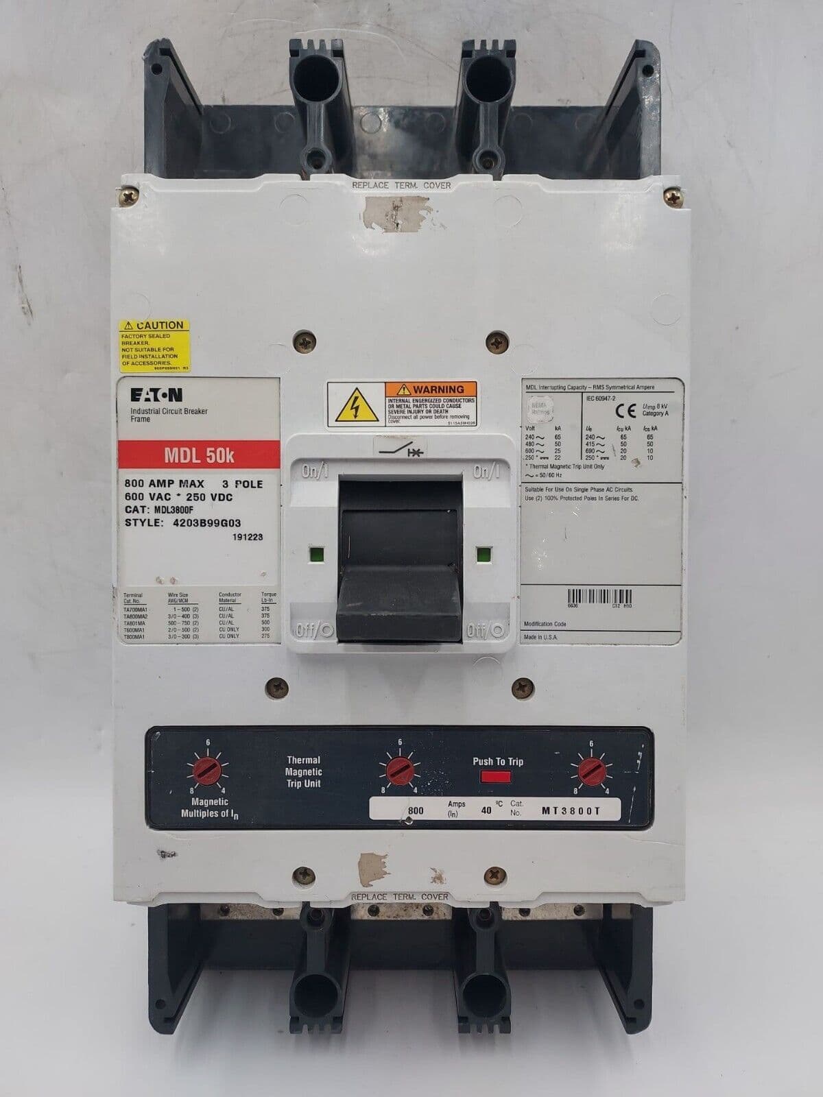 Eaton MDL3800 Circuit Breaker 800A 3P 600V 3PH MDL3800 800 Amp 3 Pole BOLT ON – image 1