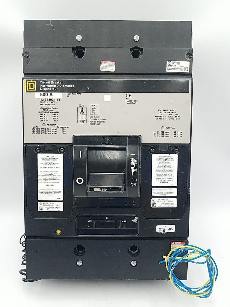 Square D MHL365001676 Circuit Breaker 500A 3P 600V 3PH MHL 3 Pole 500 Amp Used – image 1