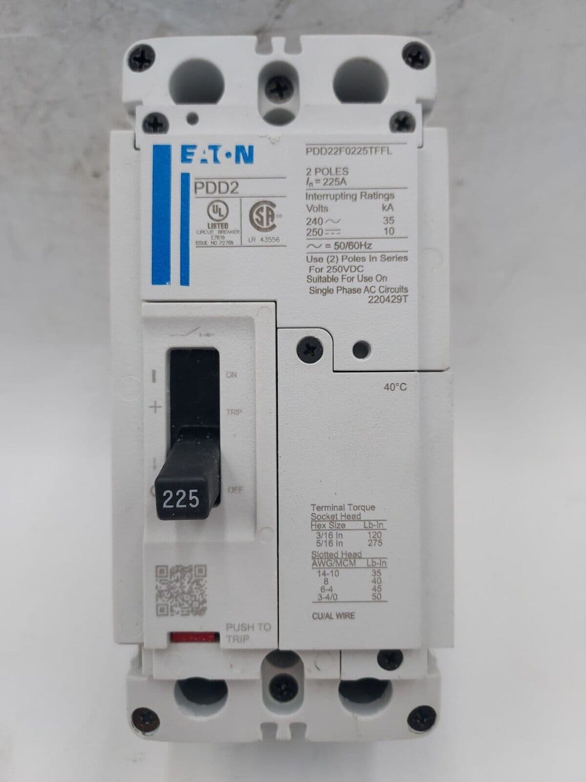 Eaton PDD22F0225TFFL Circuit Breaker 225A 2P 240V PDD2 225 Amp 2 POLE BOLT ON – image 1