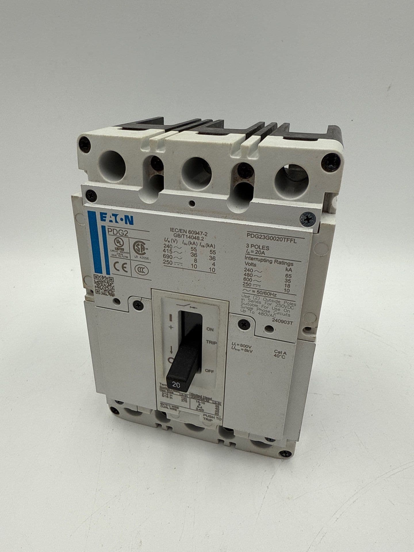 Eaton PDG23G0020TFFL Circuit Breaker 20A 600V 3P Bolt On 20 Amp 3 Pole PDG2 – image 1