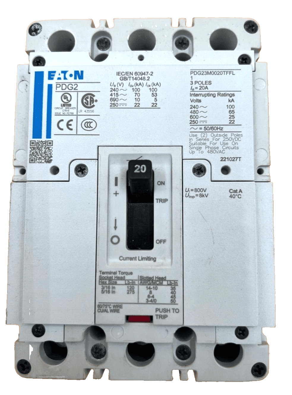 Eaton PDG23M0020TFFL Bolt on Circuit Breaker 20A 3P 600V PDG 20 Amp 3 Pole – image 1