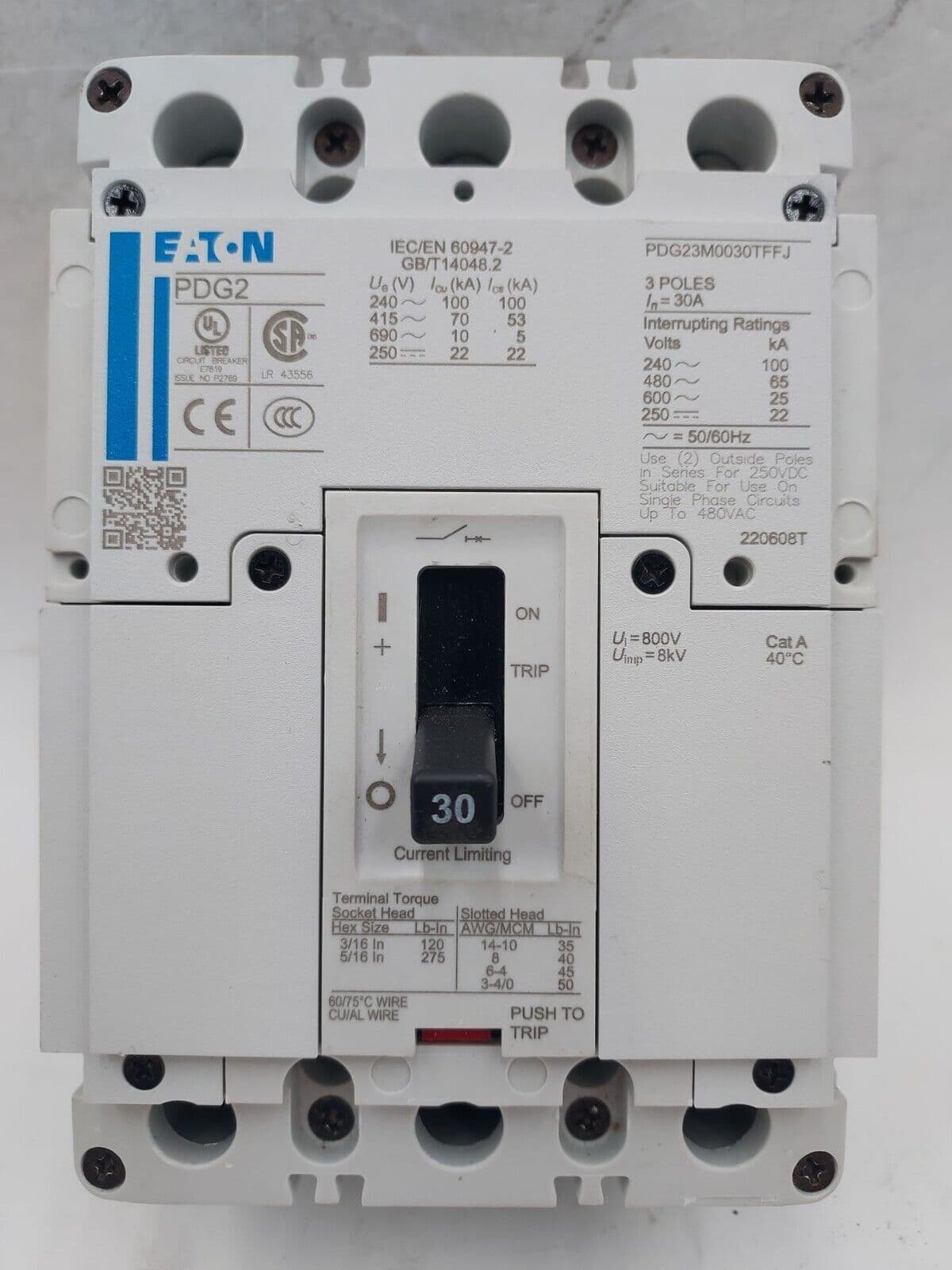 Eaton PDG23M0030TFFJ Circuit Breaker 30A 3P 600V 3PH PDG 30 Amp 3 Pole BOLT ON – image 1