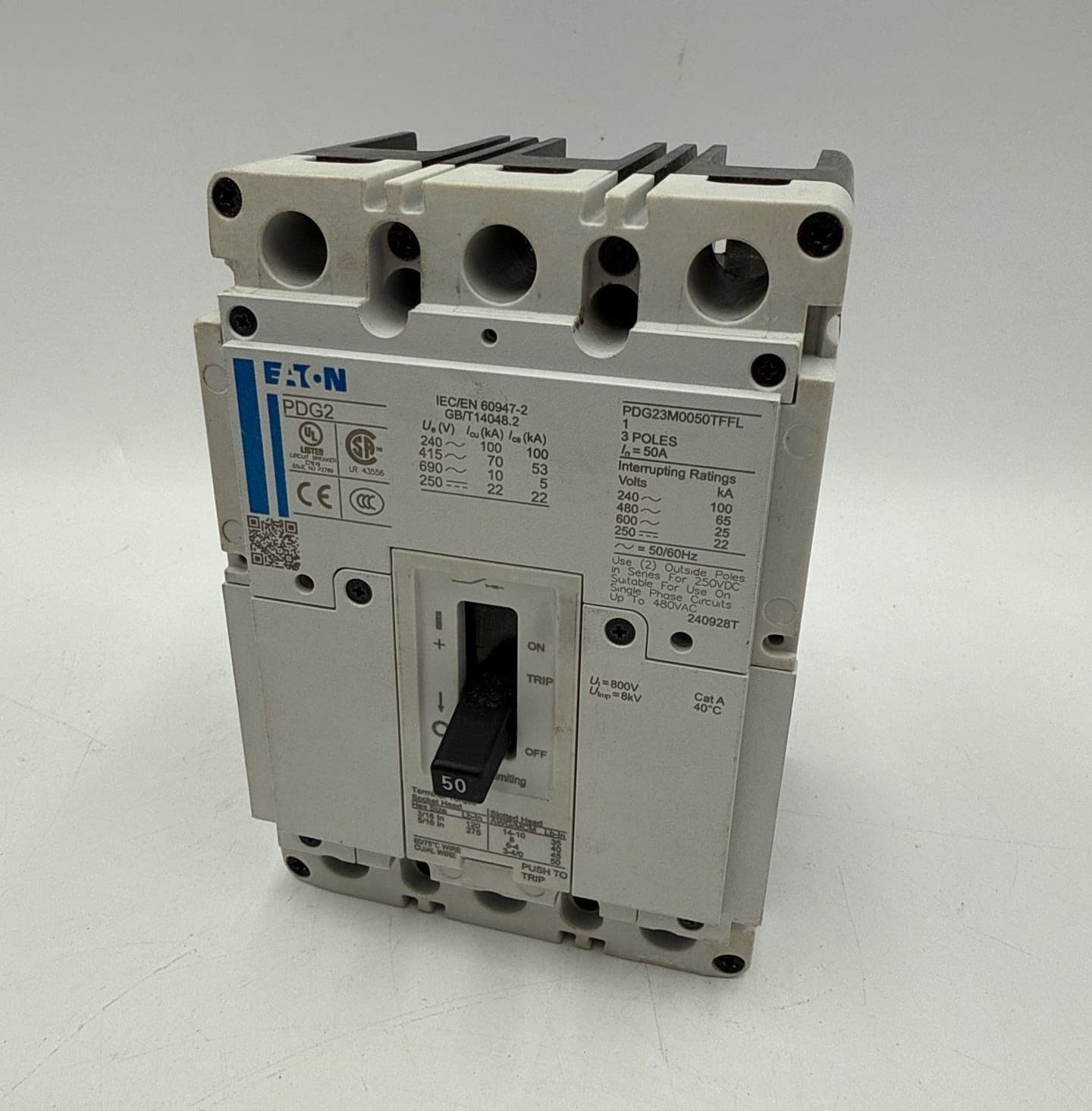 Eaton PDG23M0050TFFL Circuit Breaker 50A 600V 3P Bolt On 50 Amp 3 Pole – image 1
